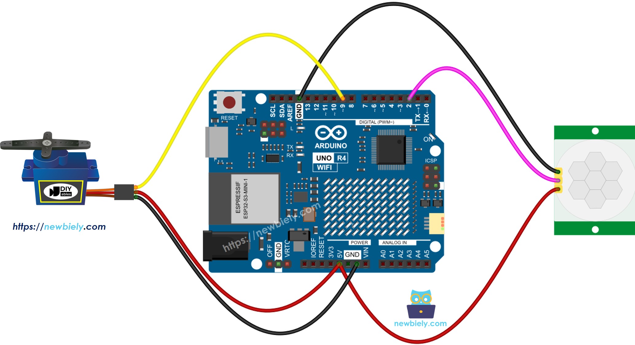 Arduino UNO R4 Bewegungssensor Servomotor Verdrahtungsdiagramm