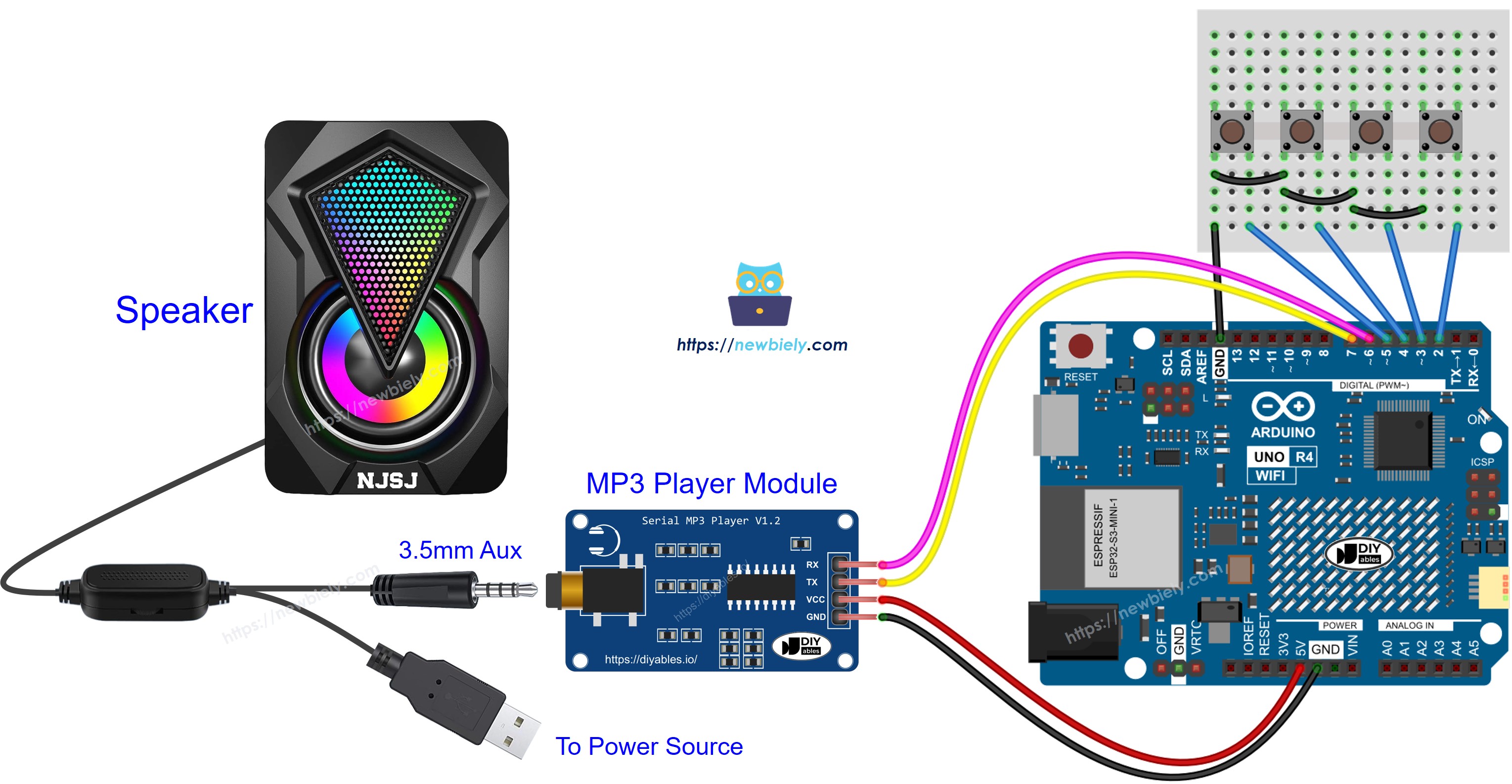 Arduino UNO R4 MP3-Player-Lautsprecher Verdrahtungsdiagramm