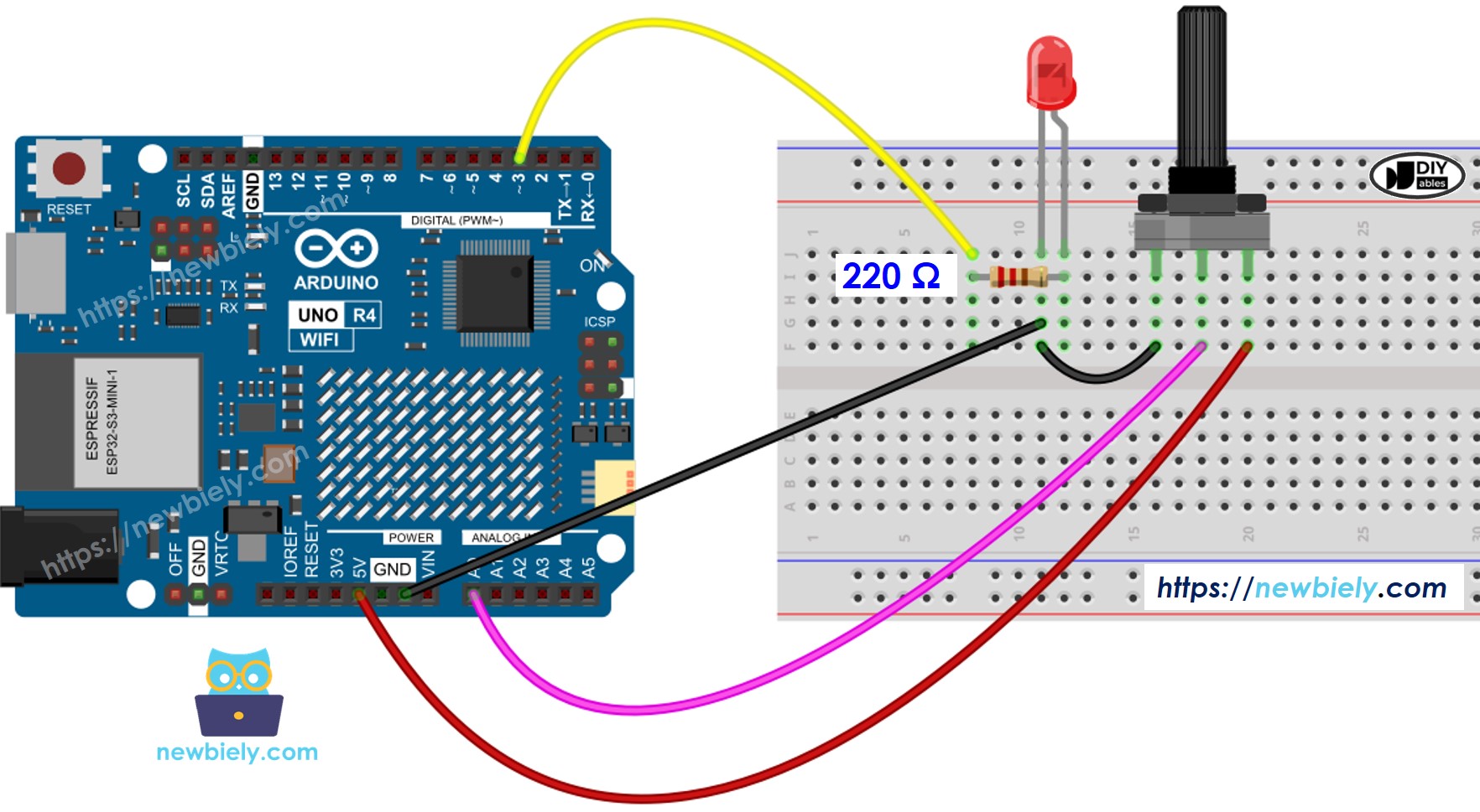 Arduino UNO R4 Drehpotentiometer LED-Schaltplan