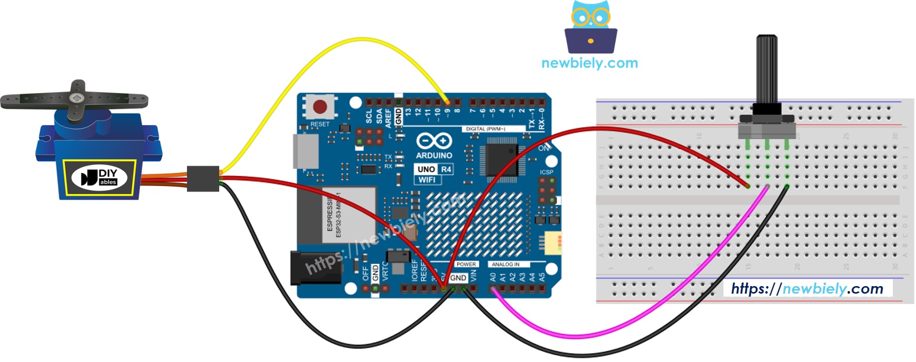 Arduino UNO R4 Servomotor Potentiometer Verdrahtungsdiagramm