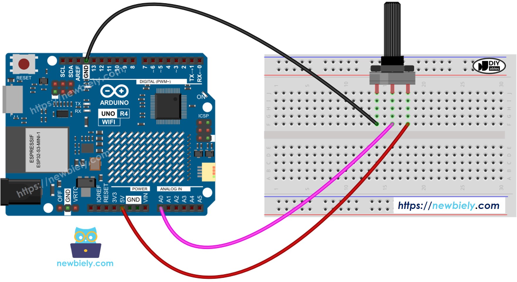 Arduino UNO R4 Potentiometer-Verdrahtungsdiagramm