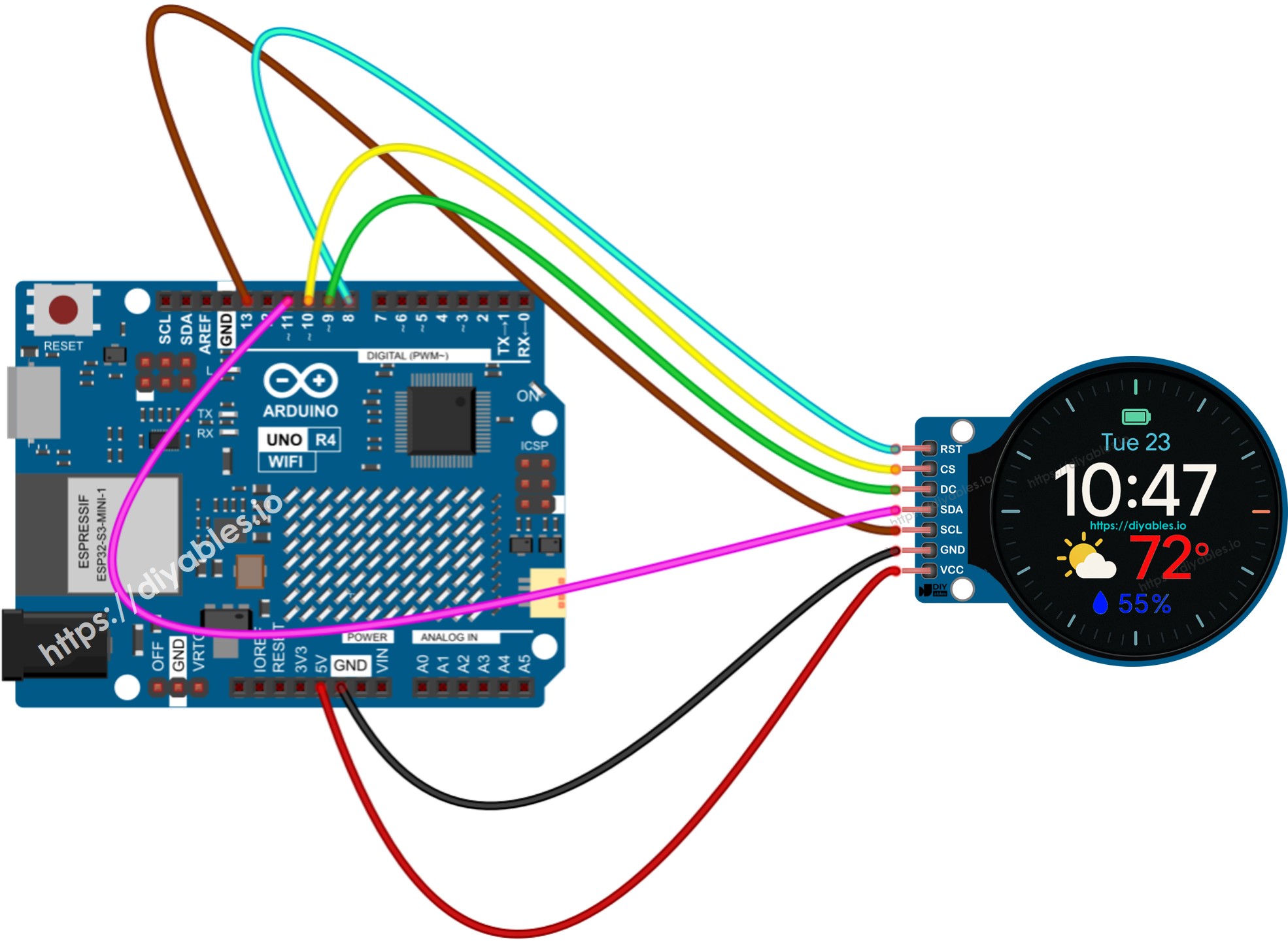 Arduino UNO R4 1,28-Zoll runder TFT-LCD-Display Verdrahtungsdiagramm