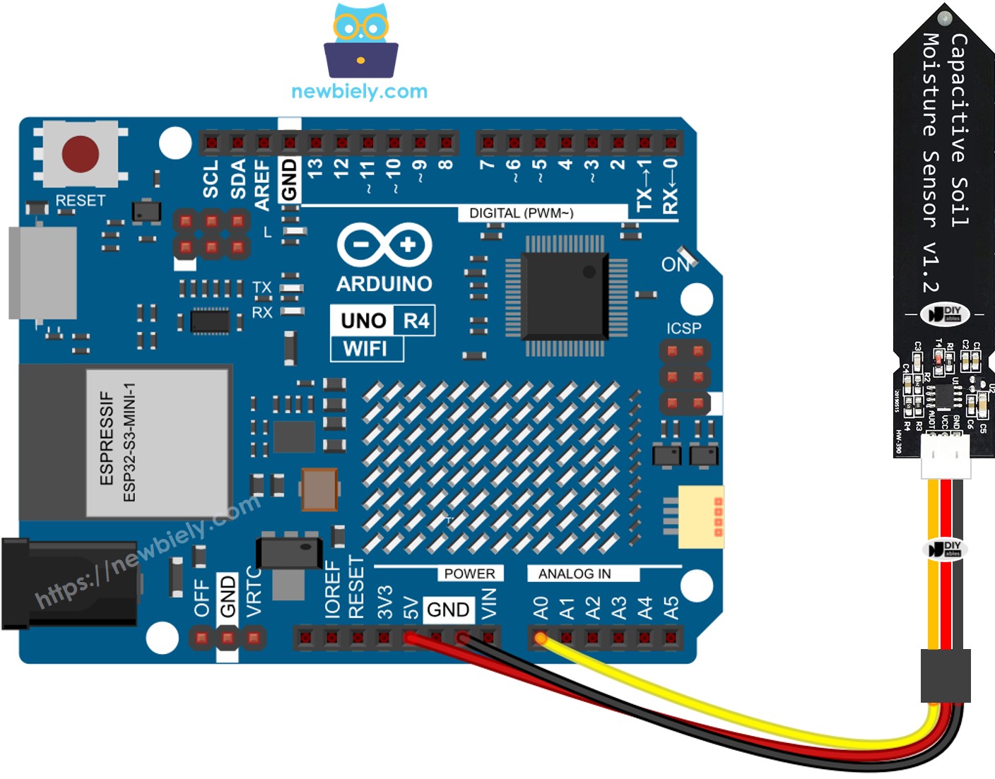 Arduino UNO R4 Bodenfeuchtigkeitsensor Verdrahtungsdiagramm