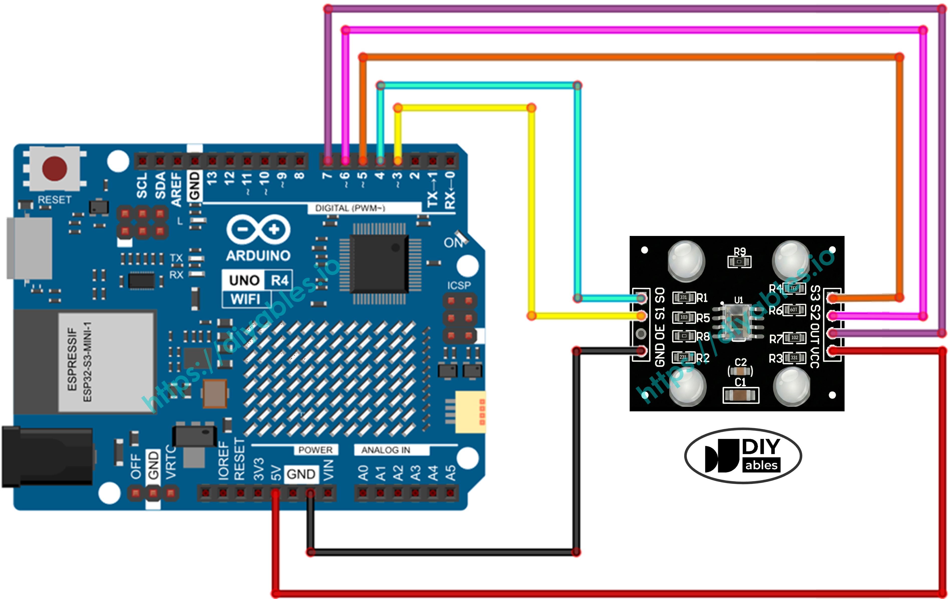 Arduino UNO R4 und TCS3200 Farbsensor Schaltplan zeigt Verbindung zwischen Pins