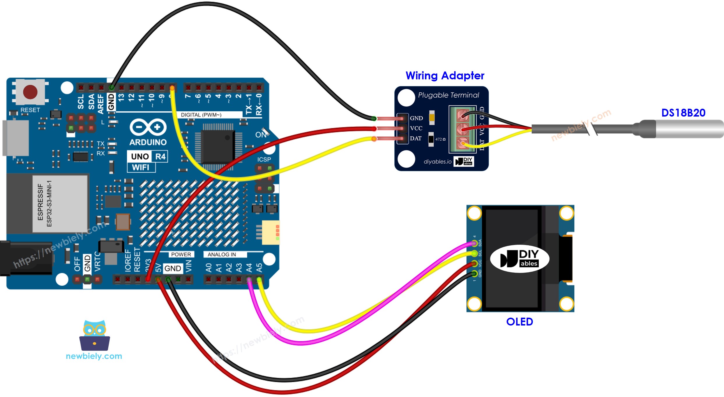 Arduino UNO R4 DS18B20-Temperatursensor OLED-Verdrahtungsdiagramm