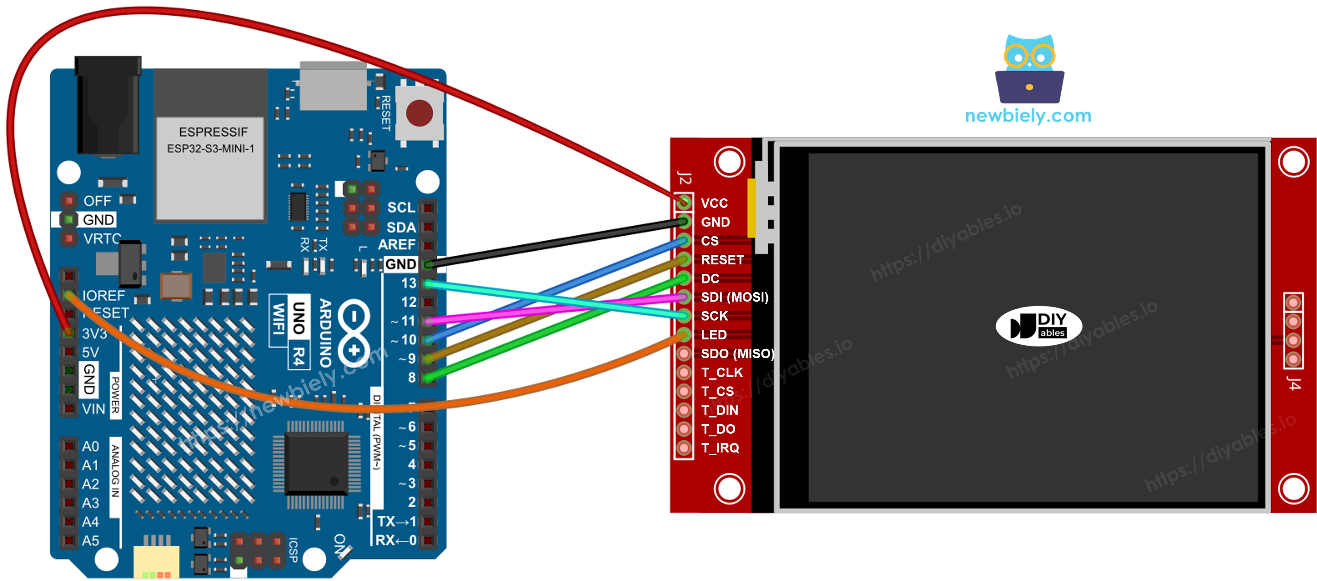 Arduino Uno R4 TFT SPI Display Verdrahtungsschema ohne Touch