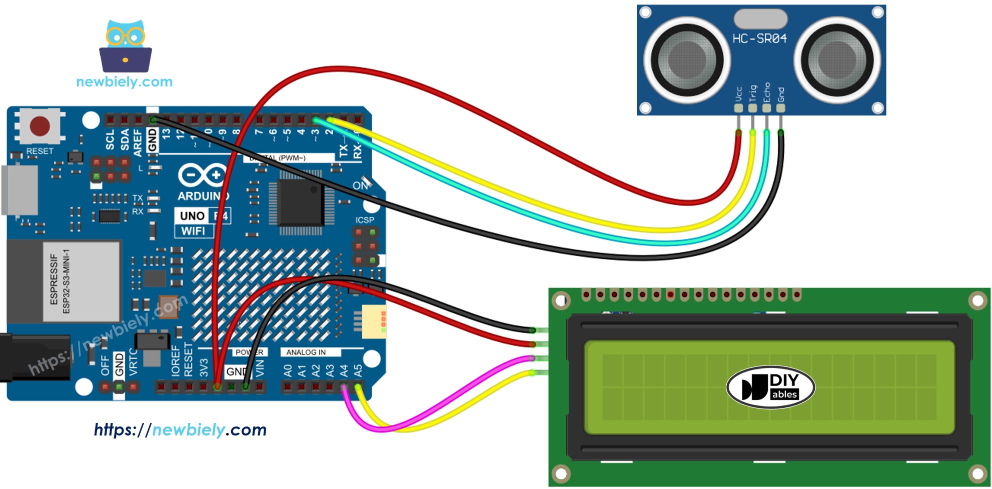 Arduino UNO R4 Ultraschall-LCD-Verdrahtungsdiagramm