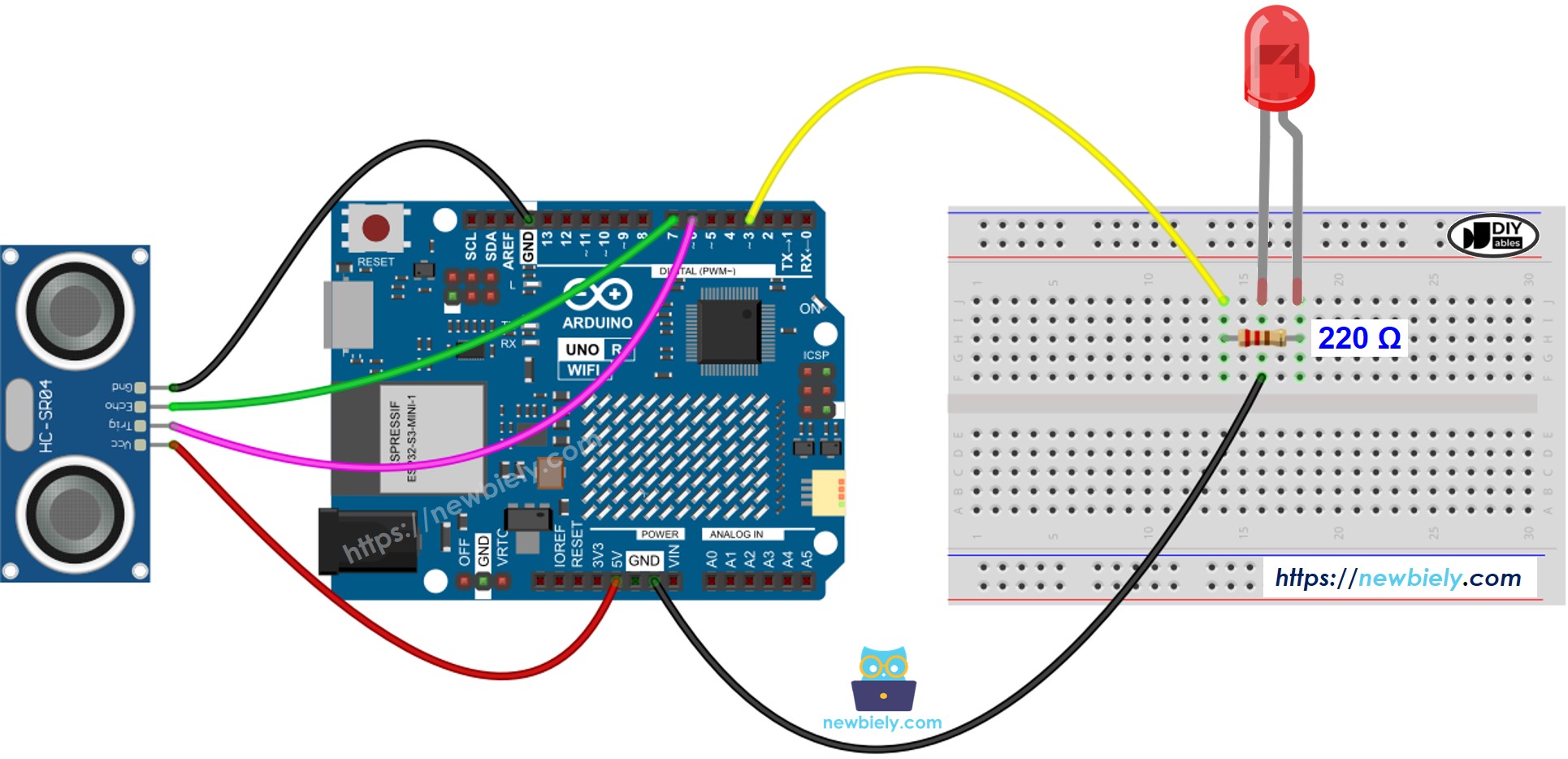 Arduino UNO R4 Ultraschallsensor LED-Schaltplan