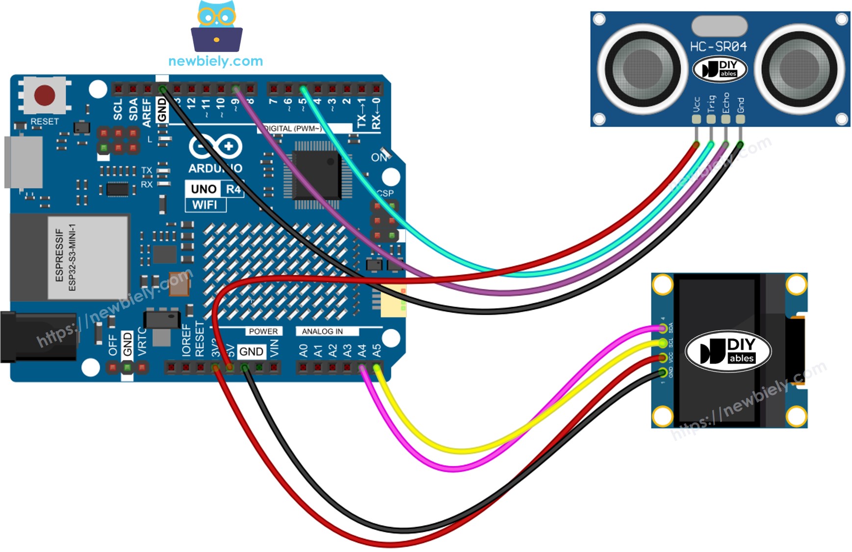 Arduino UNO R4 Ultraschallsensor OLED Verdrahtungsdiagramm