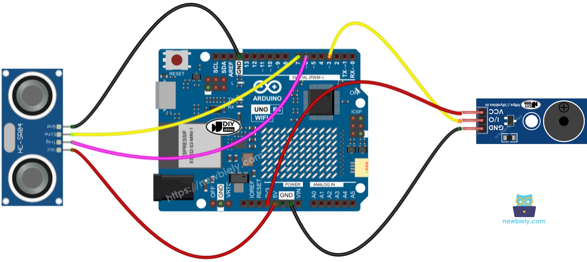 Arduino UNO R4 Ultraschallsensor Piezo-Buzzer-Modul Verdrahtungsdiagramm