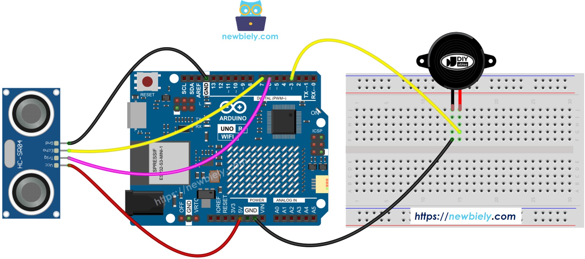 Arduino UNO R4 Ultraschallsensor Piezo-Summer Verdrahtungsdiagramm