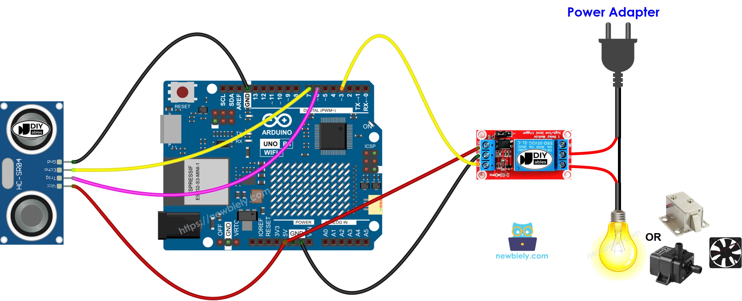 Arduino UNO R4 Ultraschallsensor-Relais-Schaltplan
