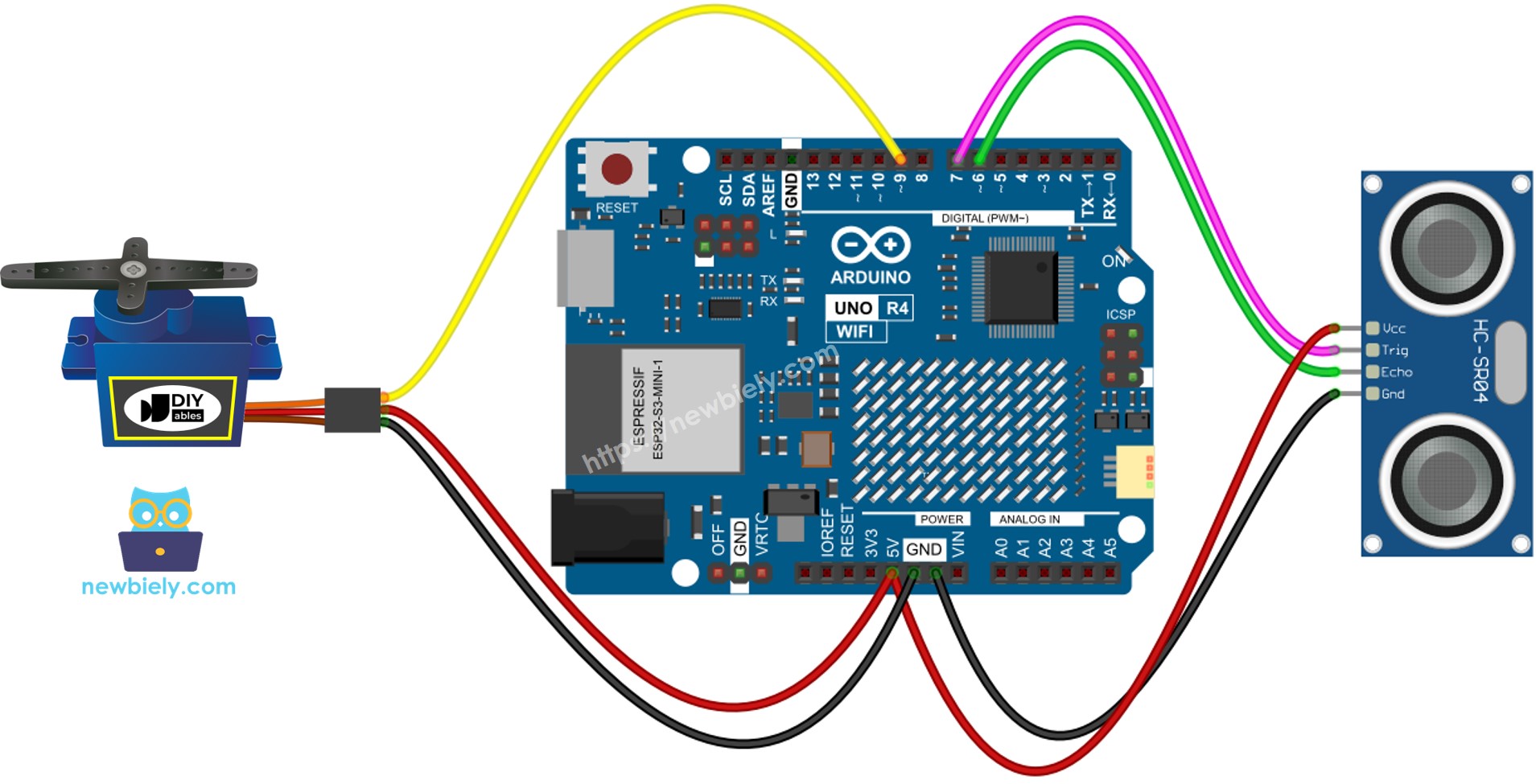 Arduino UNO R4 Ultraschallsensor Servomotor Schaltplan