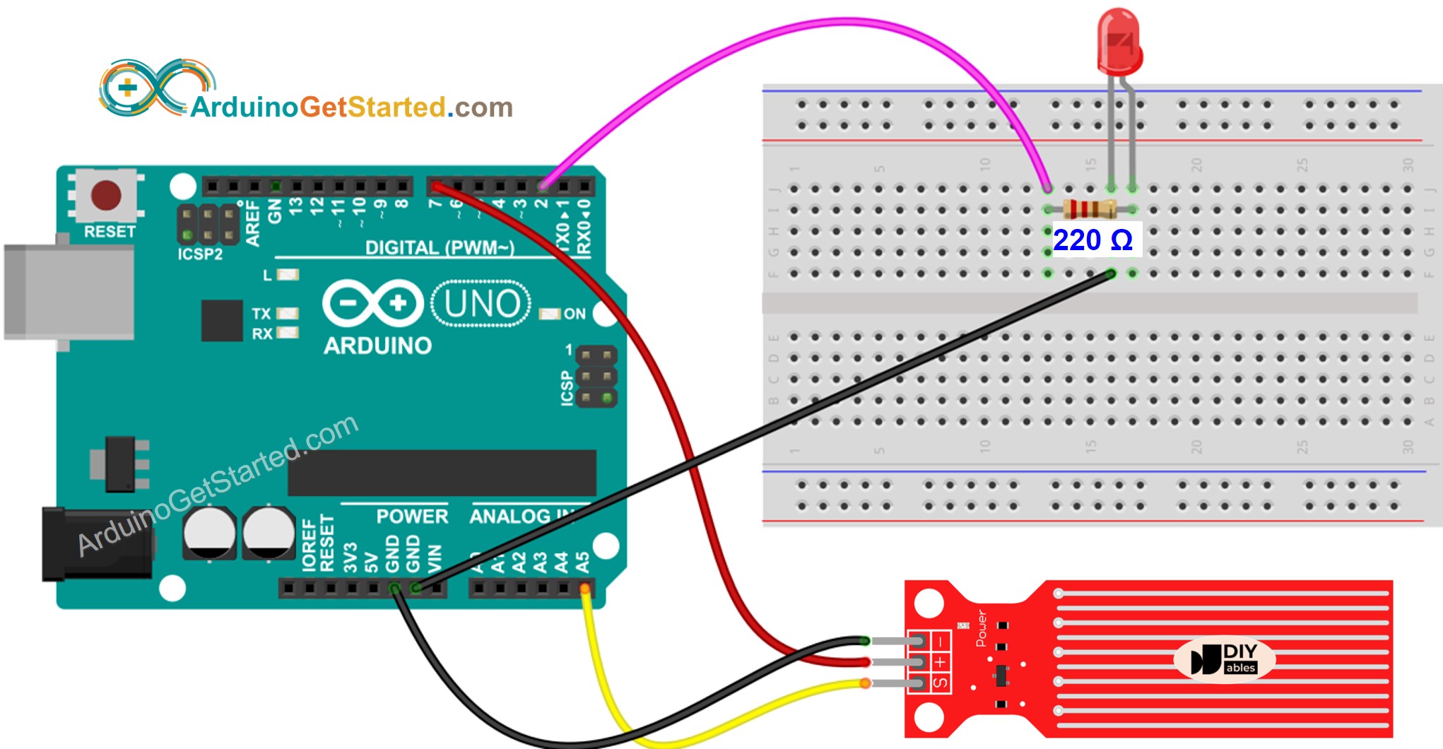 Schaltplan der LED-Verdrahtung für Arduino-Wassersensor