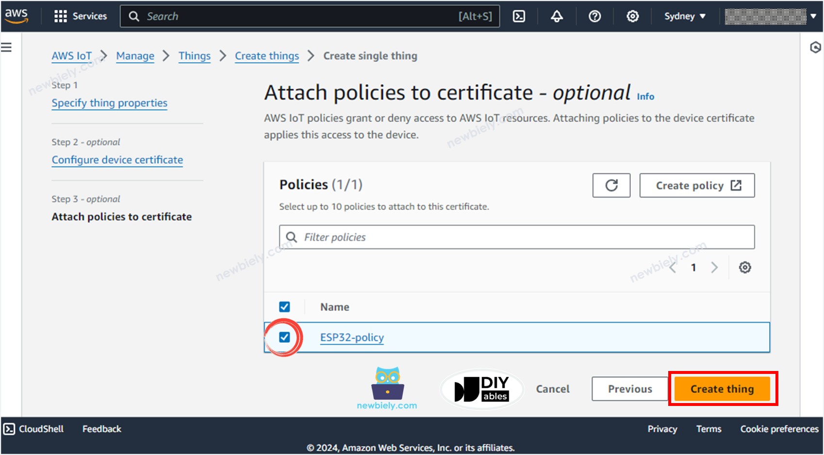 AWS IoT Core erstellt ein ESP32-Gerät.