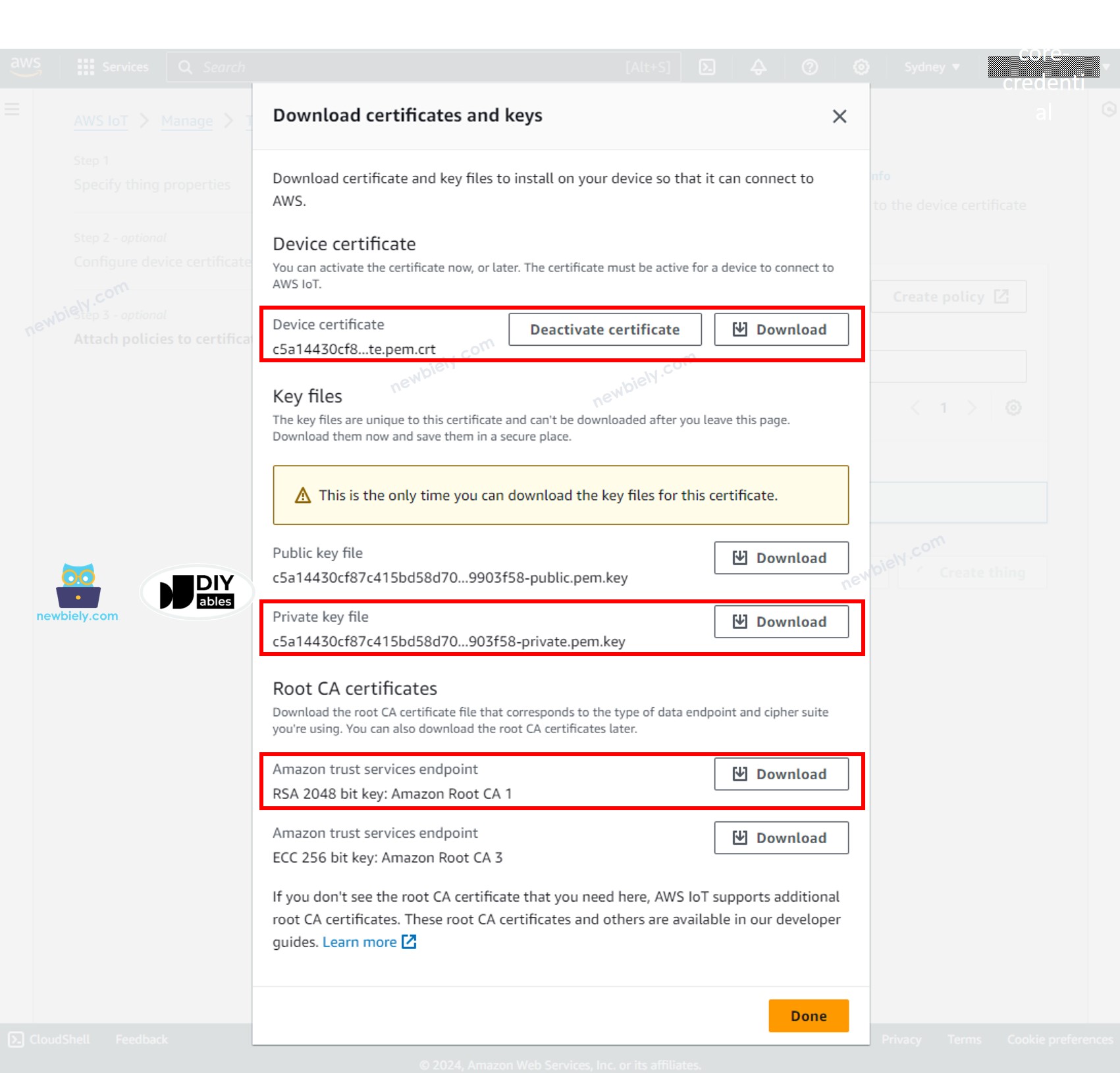 Datei mit AWS IoT Core-Zugangsdaten