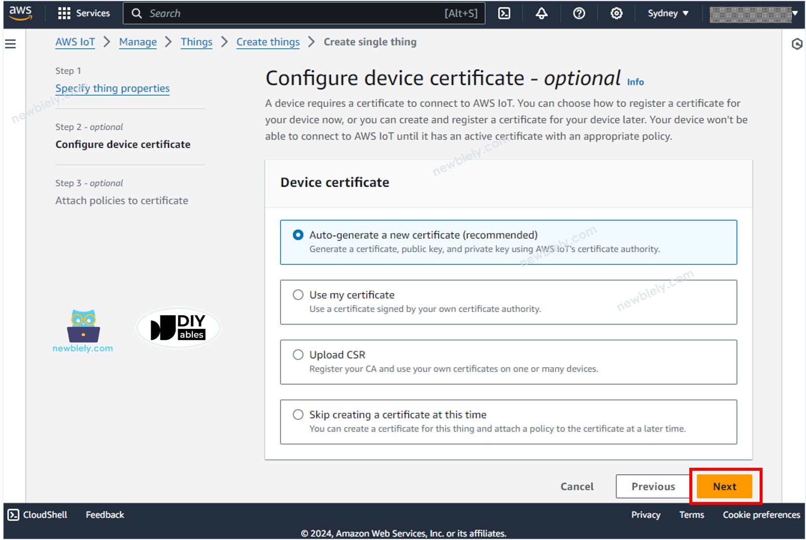 AWS IoT Core erzeugt ein Zertifikat.