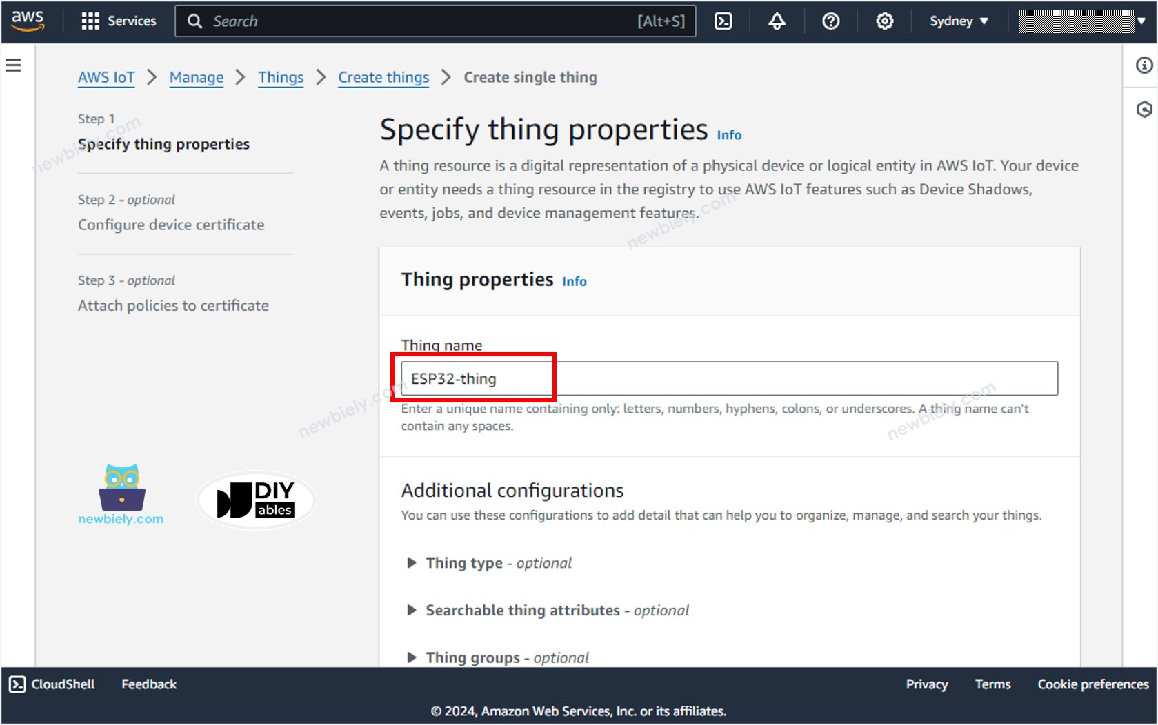 Name des Geräts in AWS IoT Core