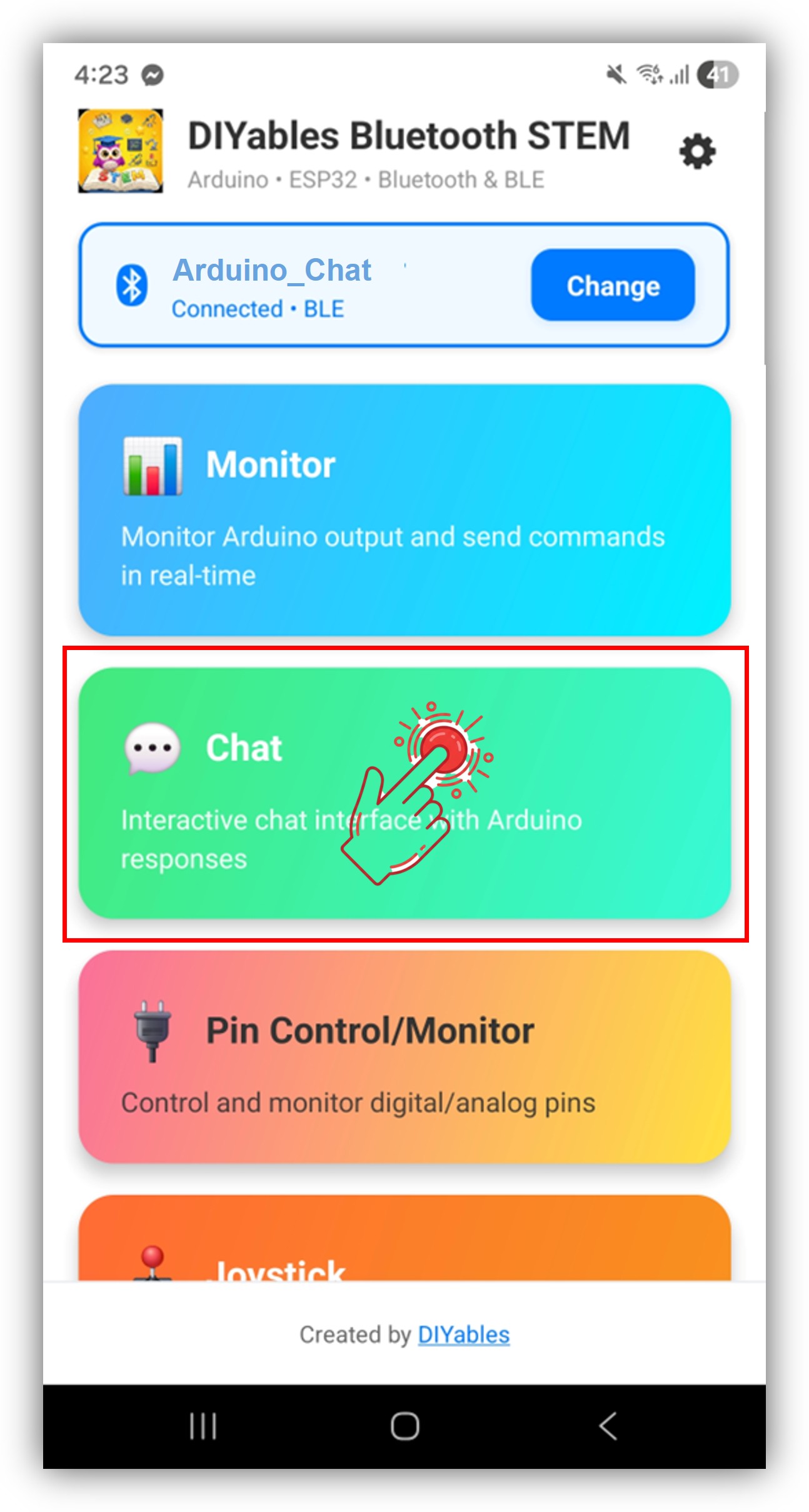 DIYables Bluetooth App - Startbildschirm mit Chat App