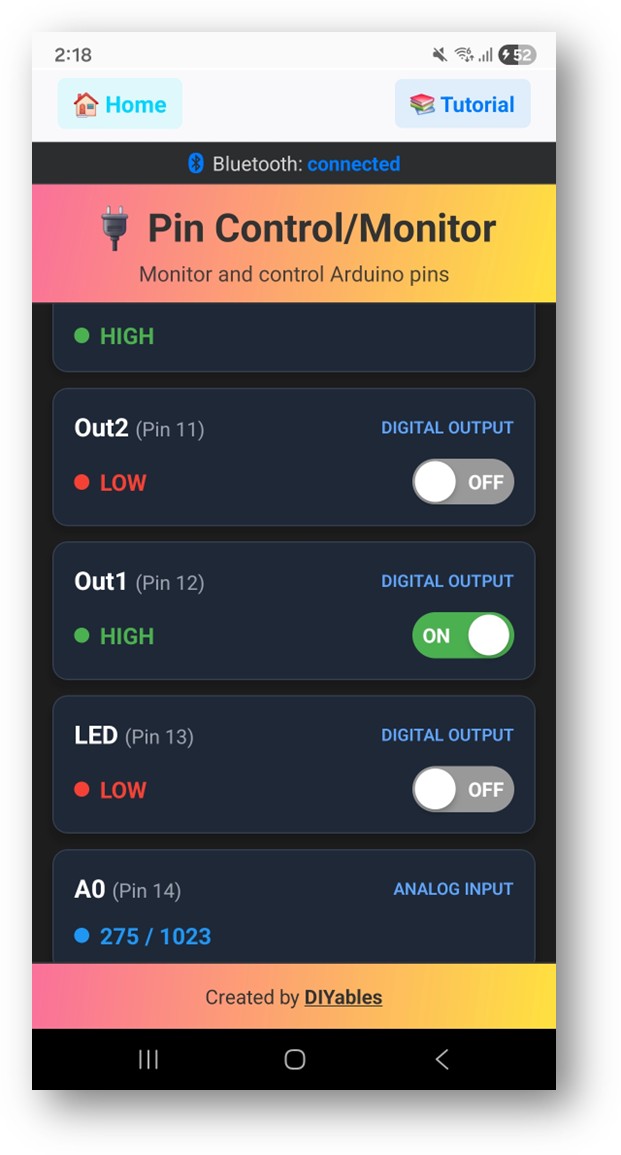 DIYables Bluetooth App - Digital Pins Bildschirm