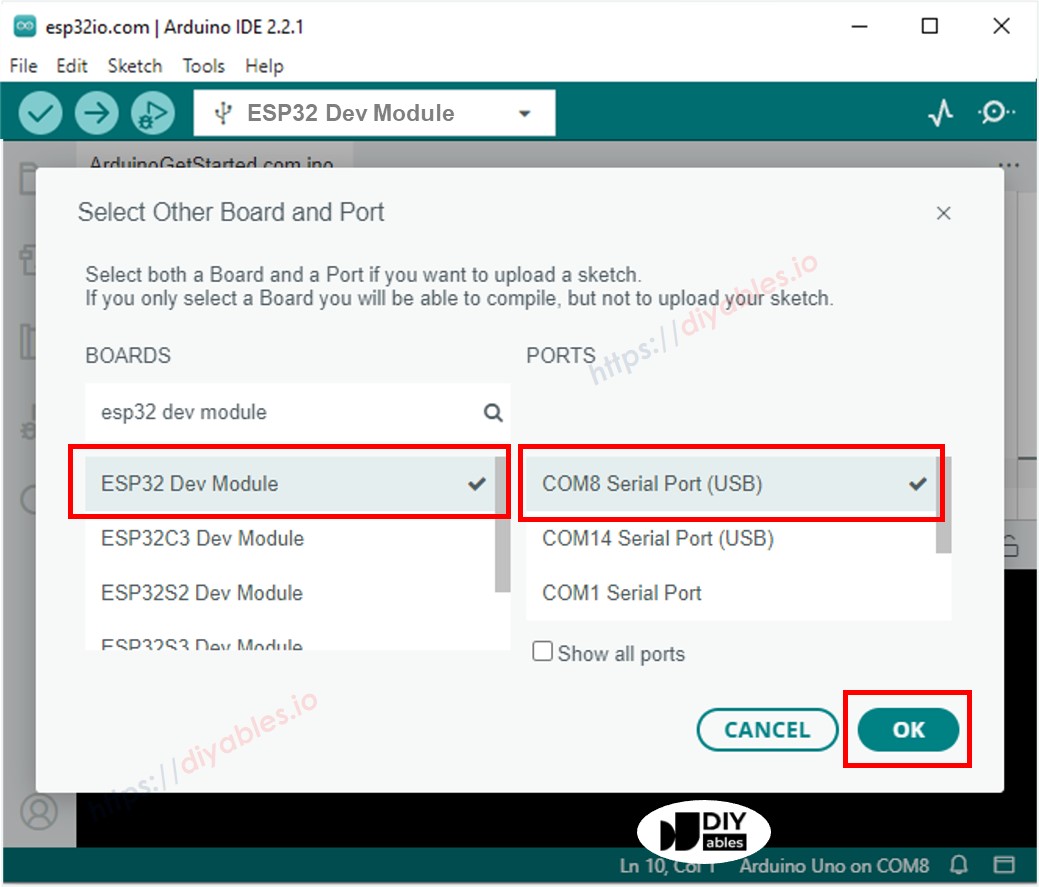 ESP32-Board-Auswahl in der Arduino IDE