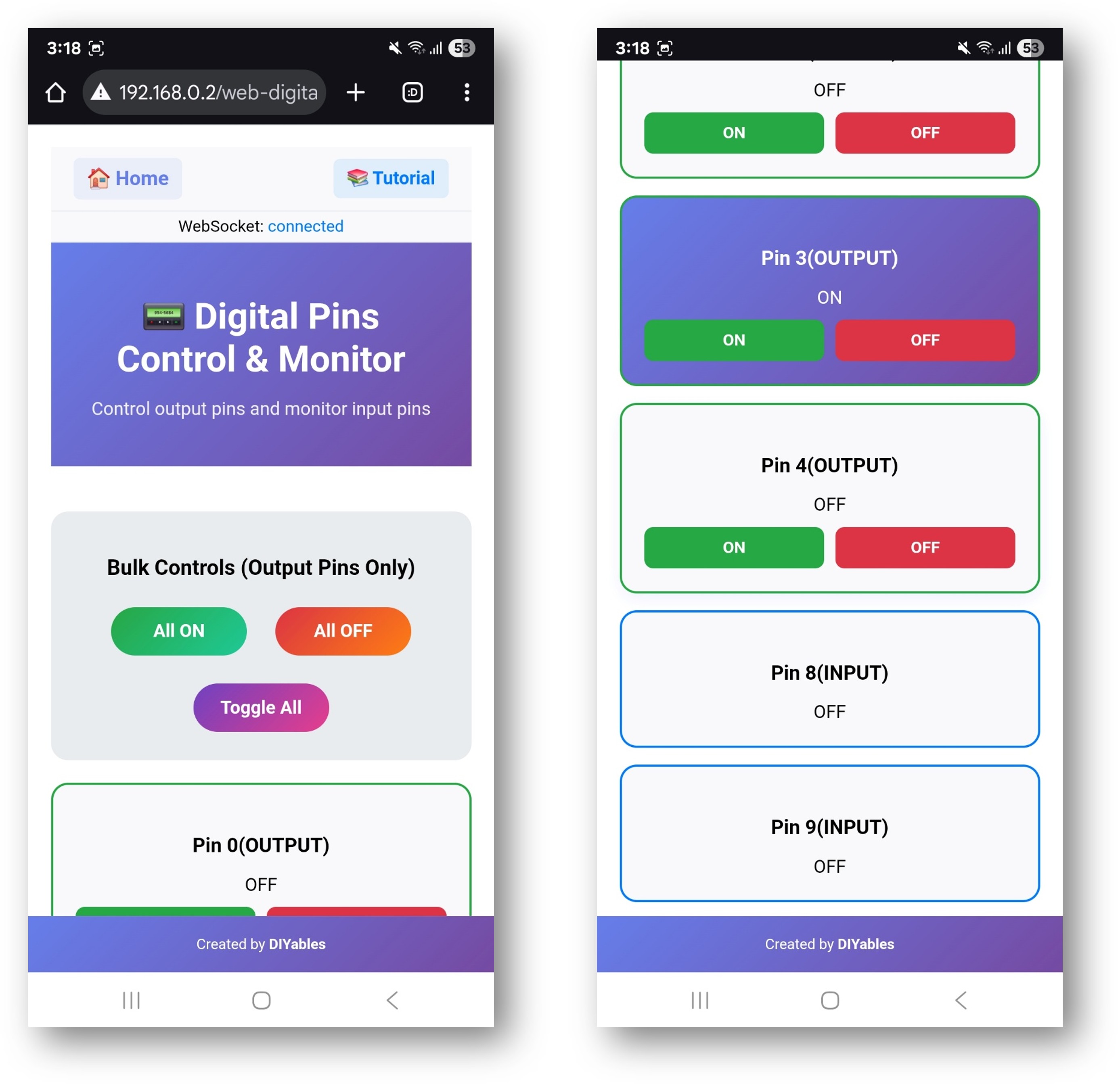 ESP32 DIYables Web-App Web Digitale Pins App