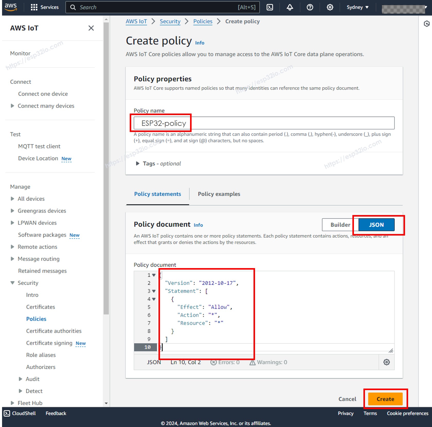 AWS IoT Core Richtlinie für ESP32 erstellen