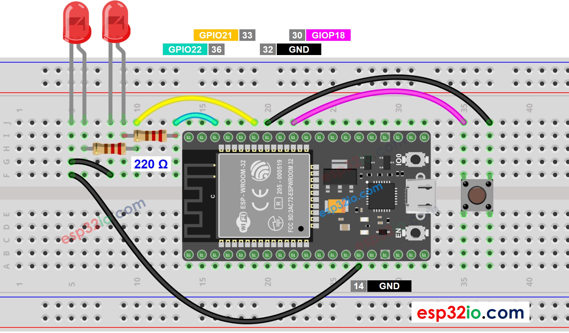 ESP32 LED Verdrahtungsdiagramm für zwei Tasten