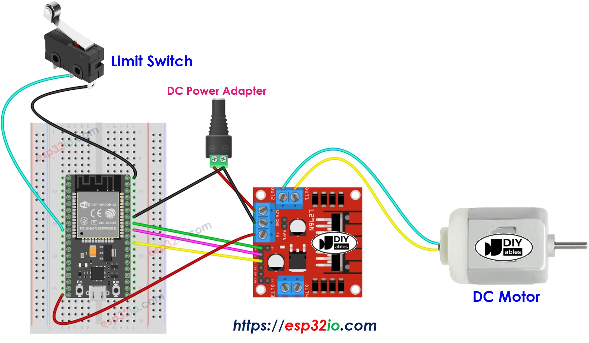 Schaltplan für die Verdrahtung eines ESP32-Gleichstrommotors und eines Endschalters