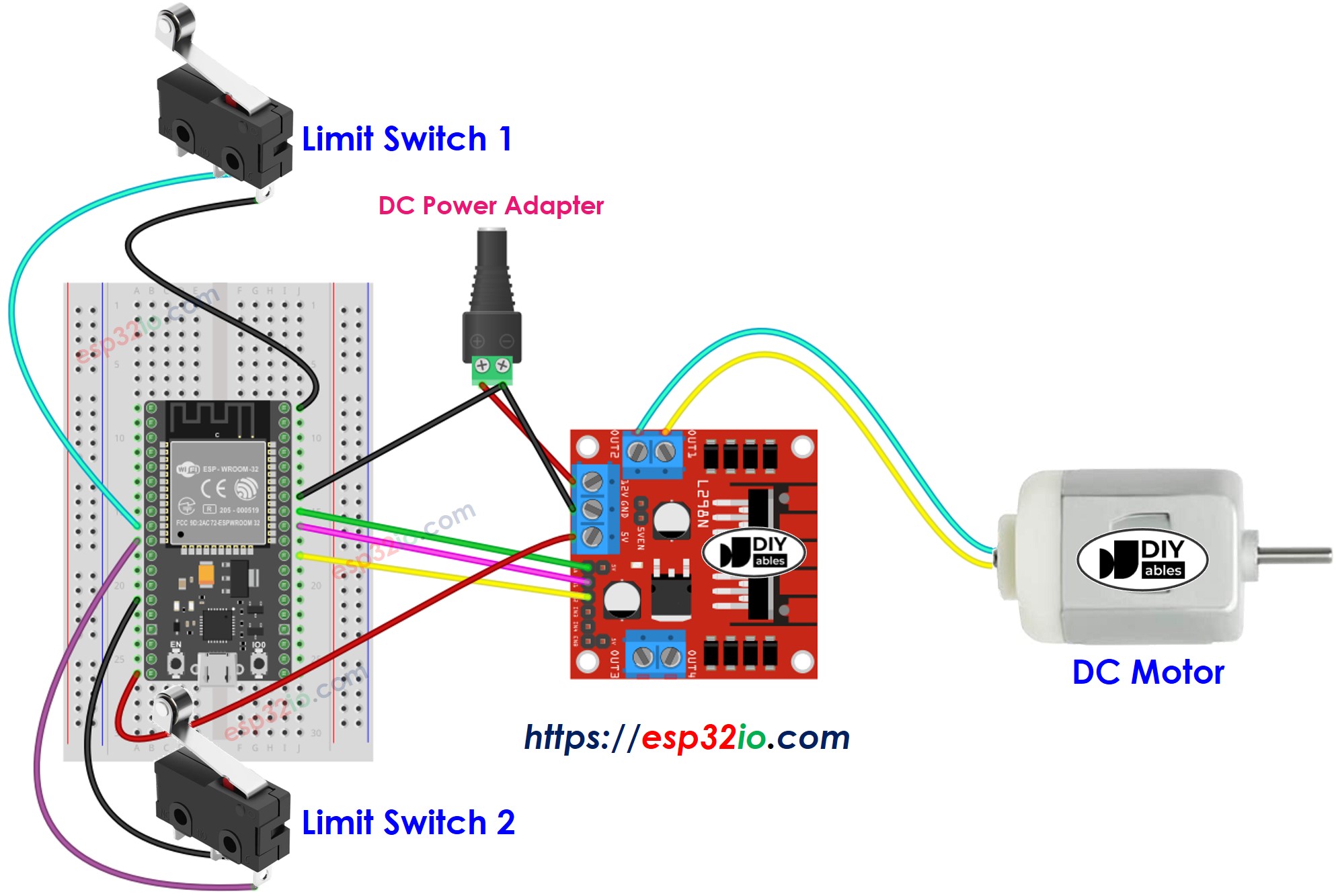 Schaltplan für ESP32-Gleichstrommotor und zwei Endschalter