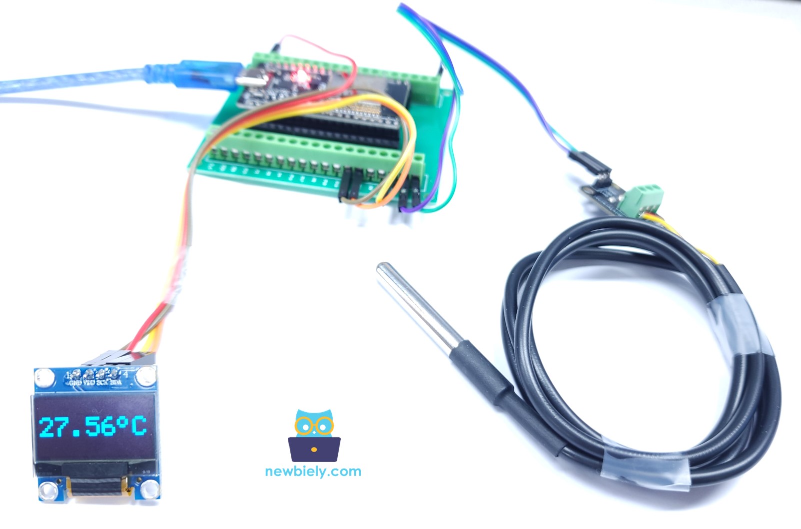 ESP32 zeigt Temperatur auf dem OLED-Display an.