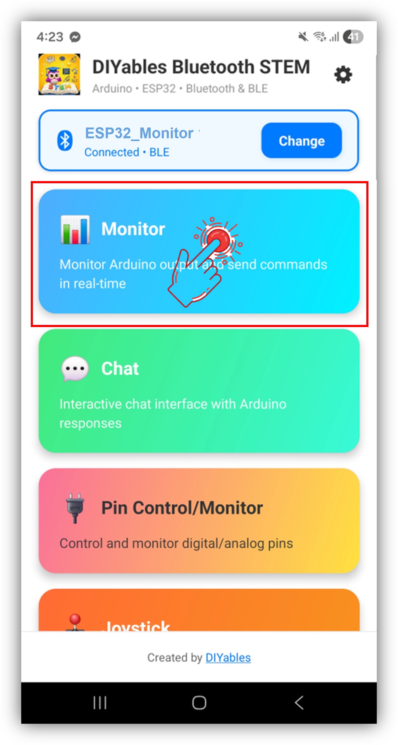DIYables Bluetooth App - Startbildschirm mit Monitor-App