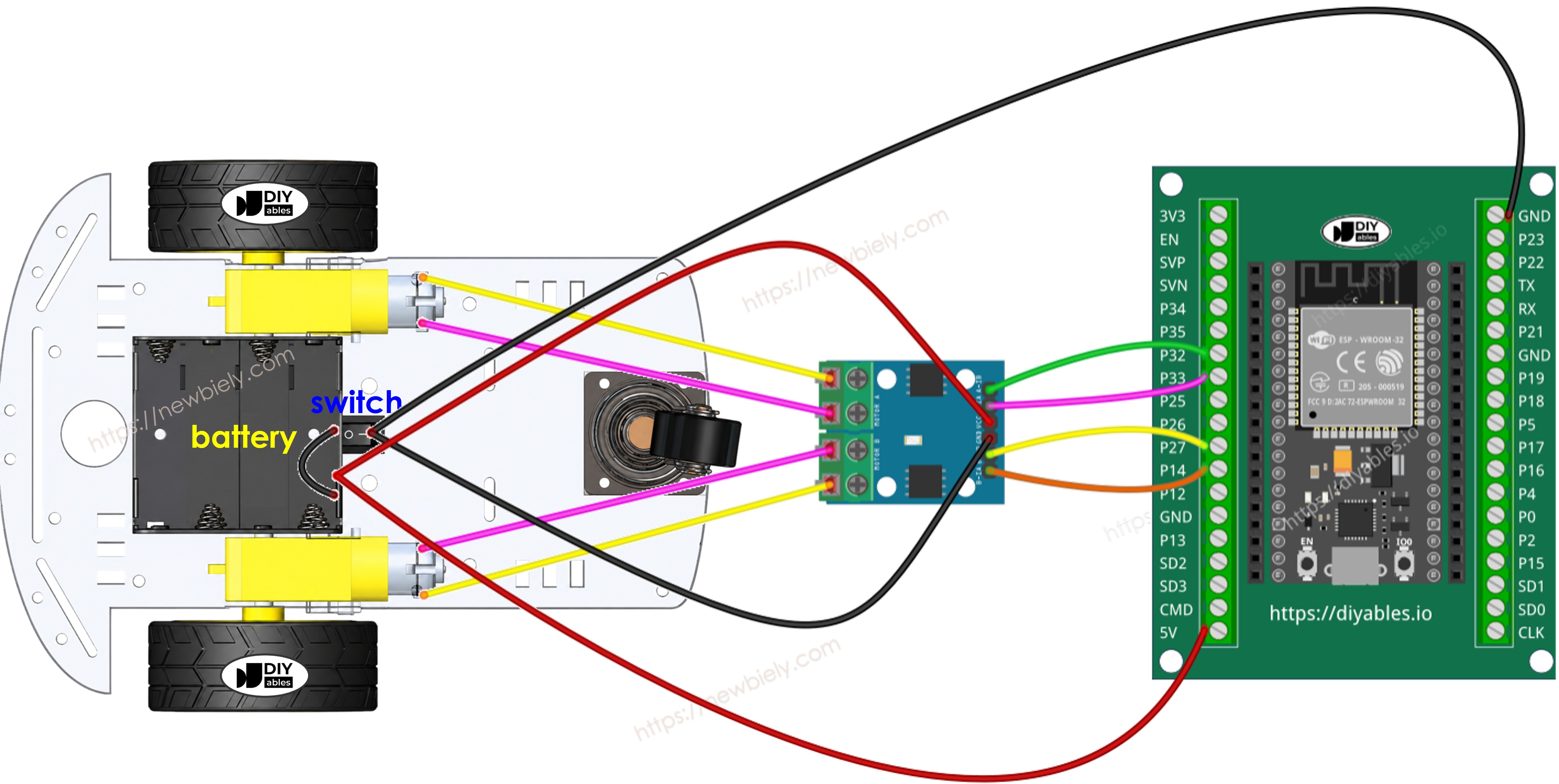 ESP32 2WD RC-Auto-Verdrahtungsdiagramm mit einer Schraubklemmleiste