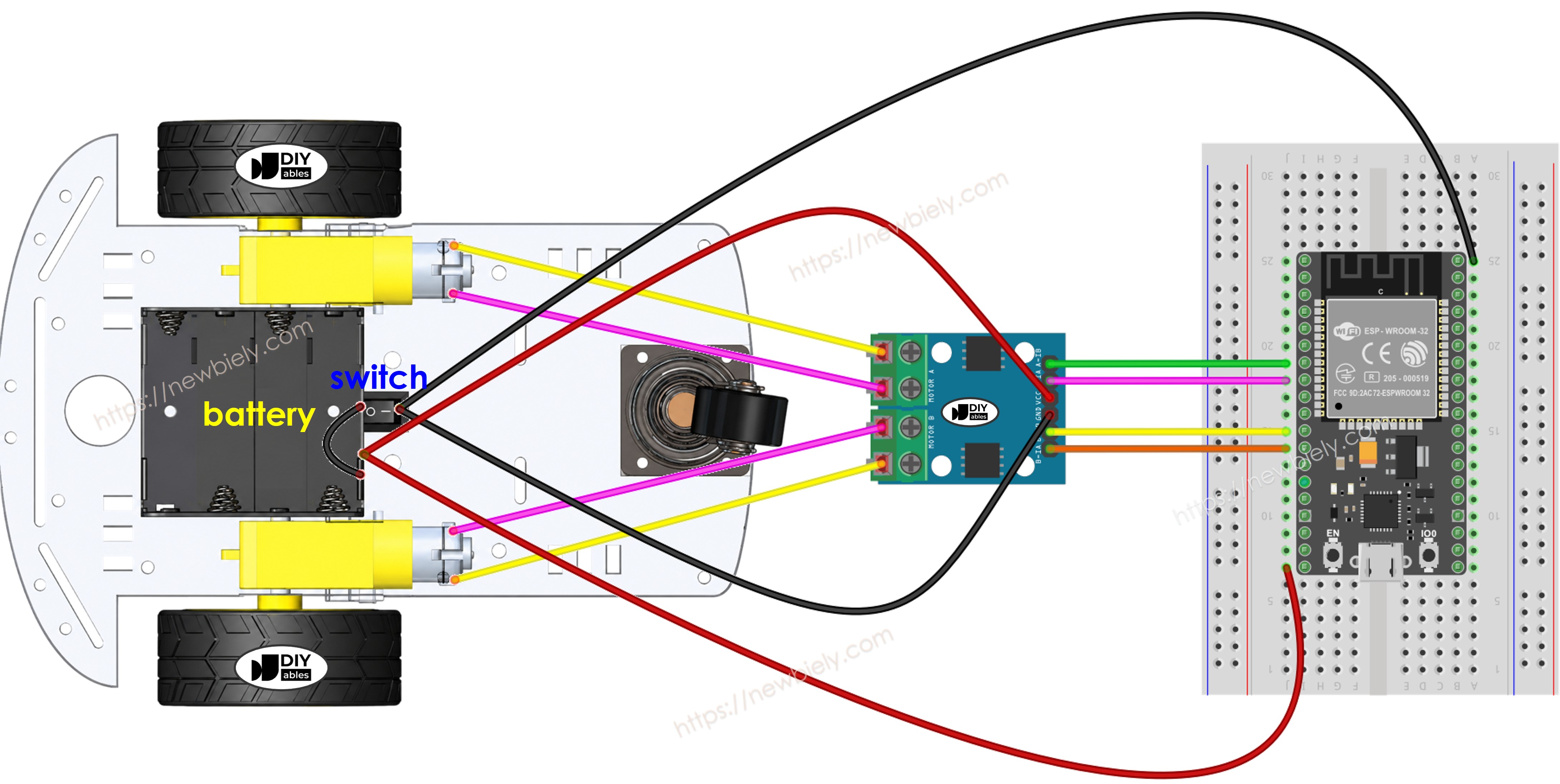 ESP32 2WD RC-Auto-Verdrahtungsdiagramm auf einem Breadboard