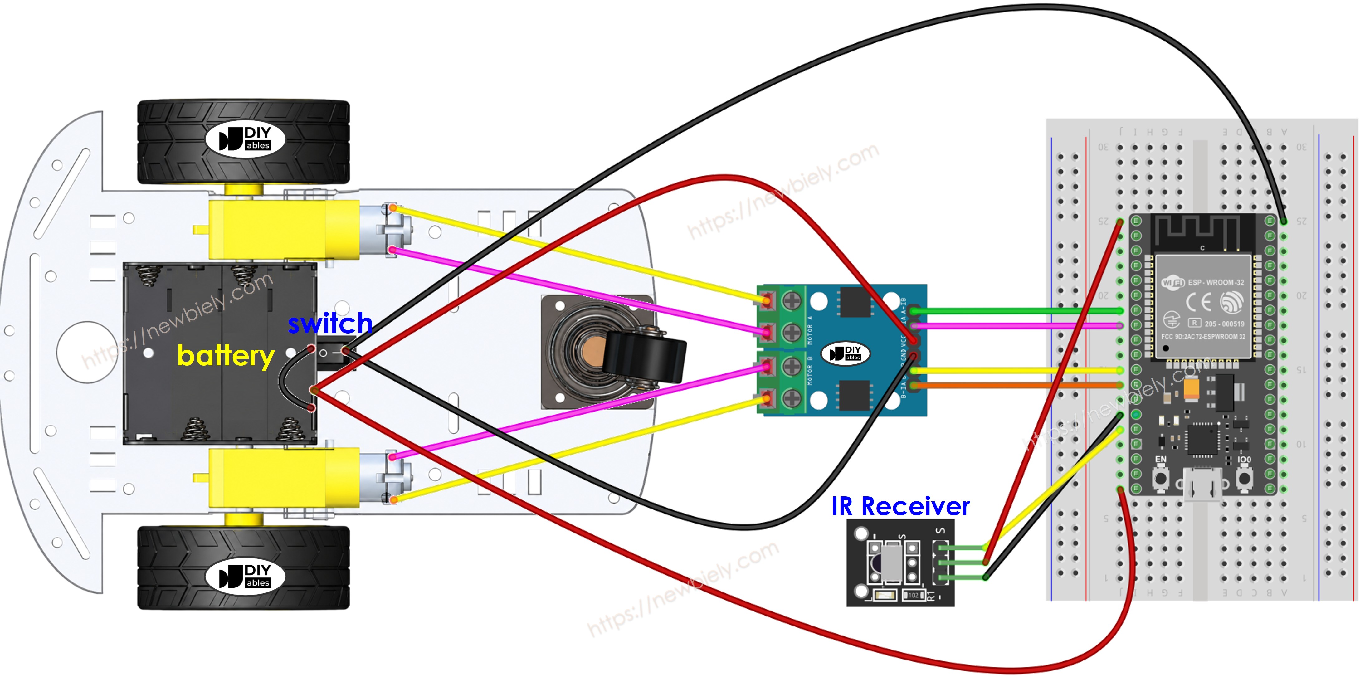 ESP32 2WD Roboterauto-Verdrahtungsdiagramm auf einem Breadboard