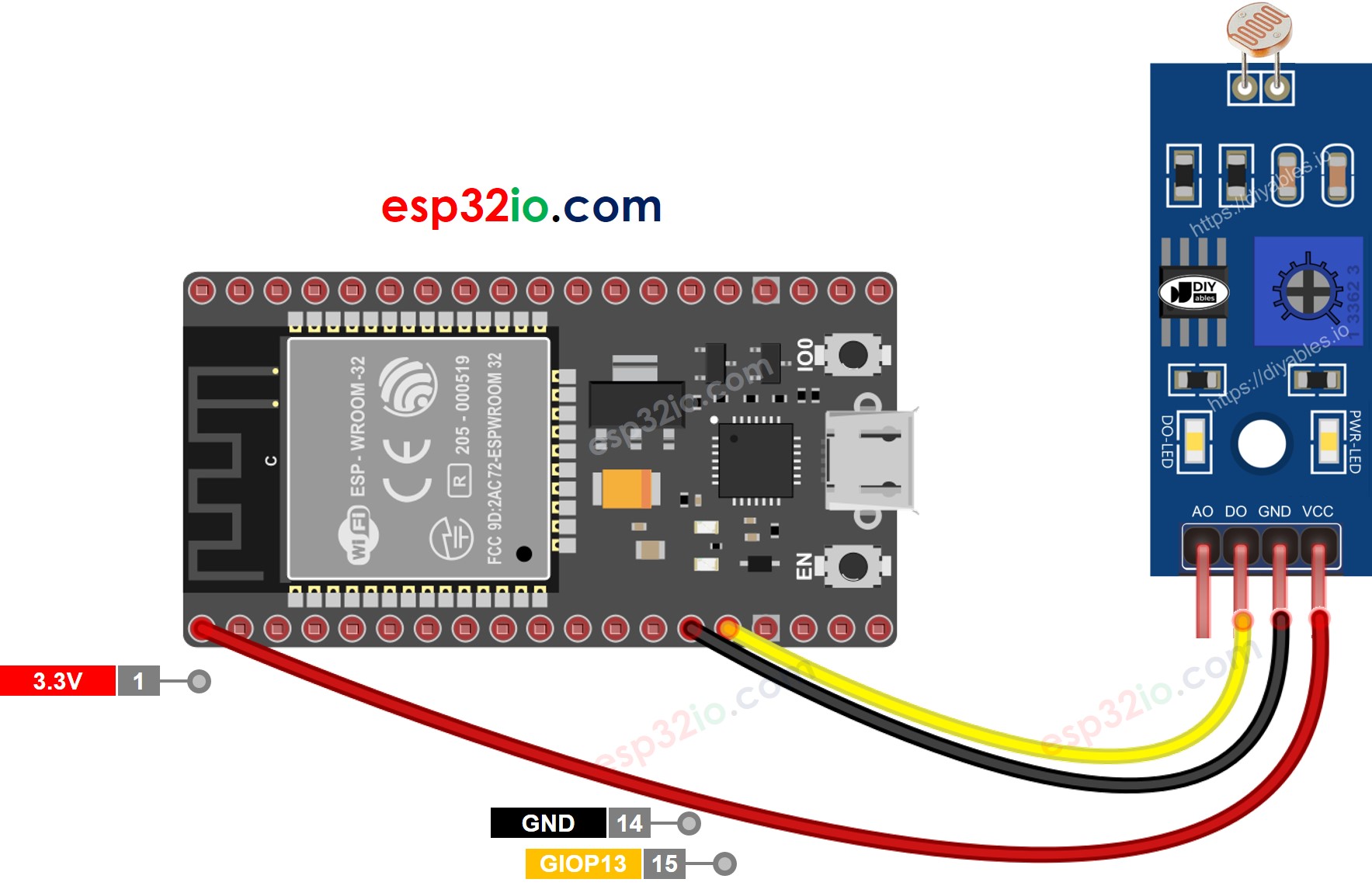 Schaltplan für das ESP32 LDR-Lichtsensor-Modul