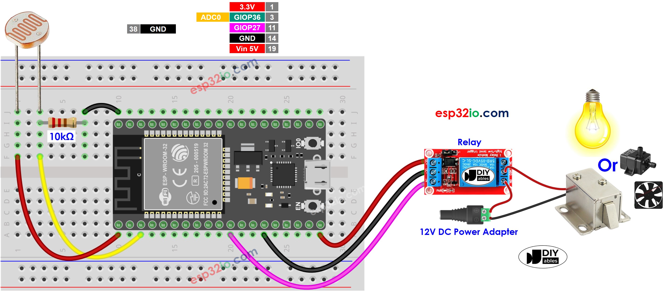 ESP32 Lichtsensor Relais Glühbirne Verdrahtungsdiagramm