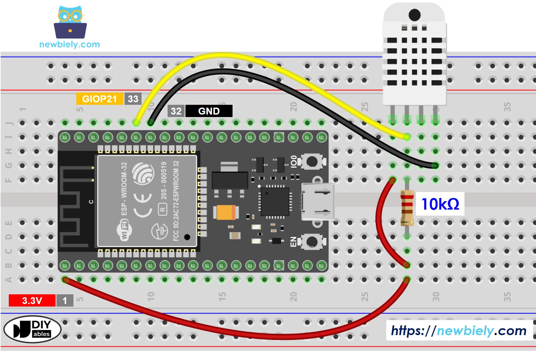 ESP32 MicroPython DHT22 Temperatur- und Luftfeuchtigkeitssensor Schaltplan