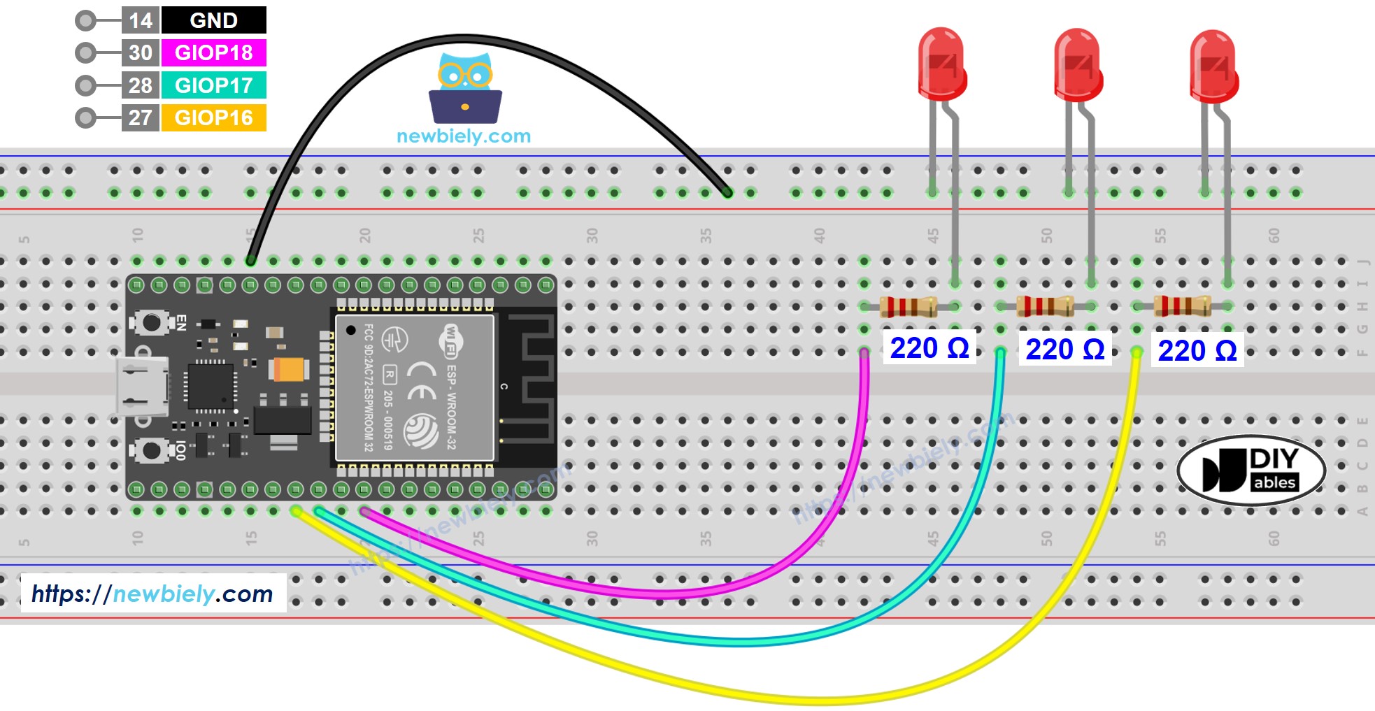ESP32 MicroPython Schaltplan für mehrere LEDs