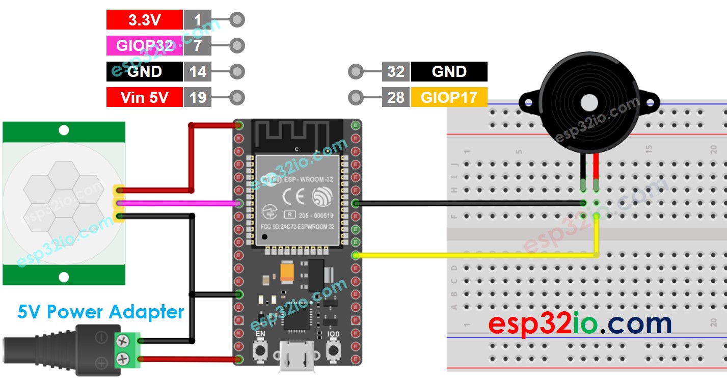 ESP32 Bewegungssensor Piezo-Buzzer Verdrahtungsdiagramm 5-V-Netzadapter