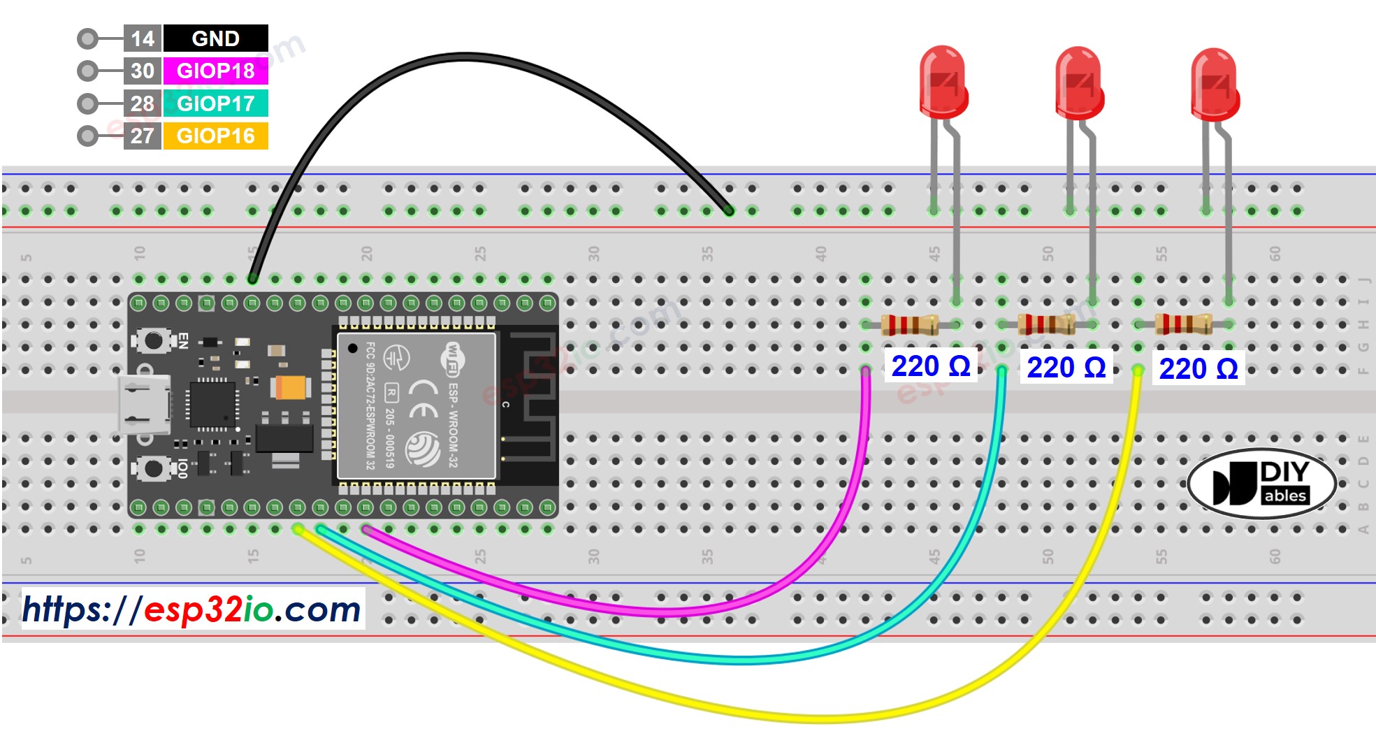 ESP32-Verdrahtungsdiagramm für mehrere LEDs