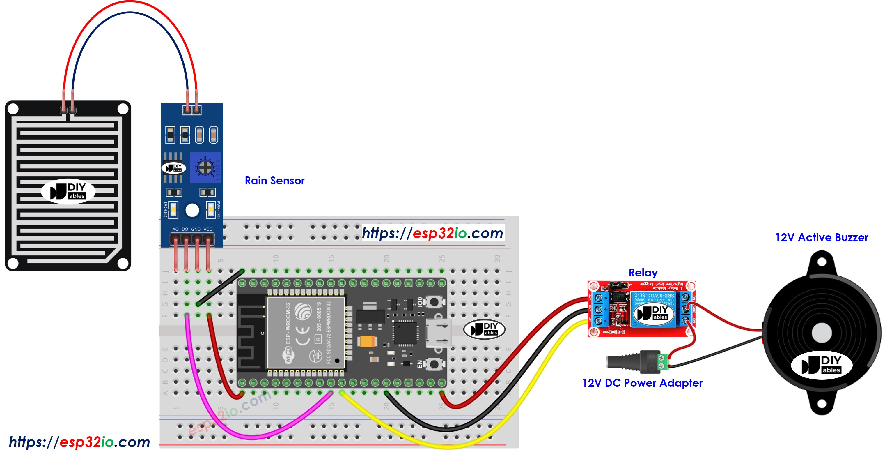 ESP32-Regen-Sensor 12-V-Buzzer Verdrahtungsdiagramm