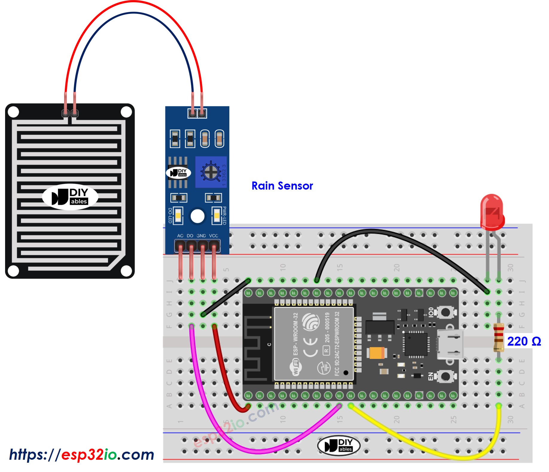 ESP32 Regen-Sensor LED-Verdrahtungsdiagramm