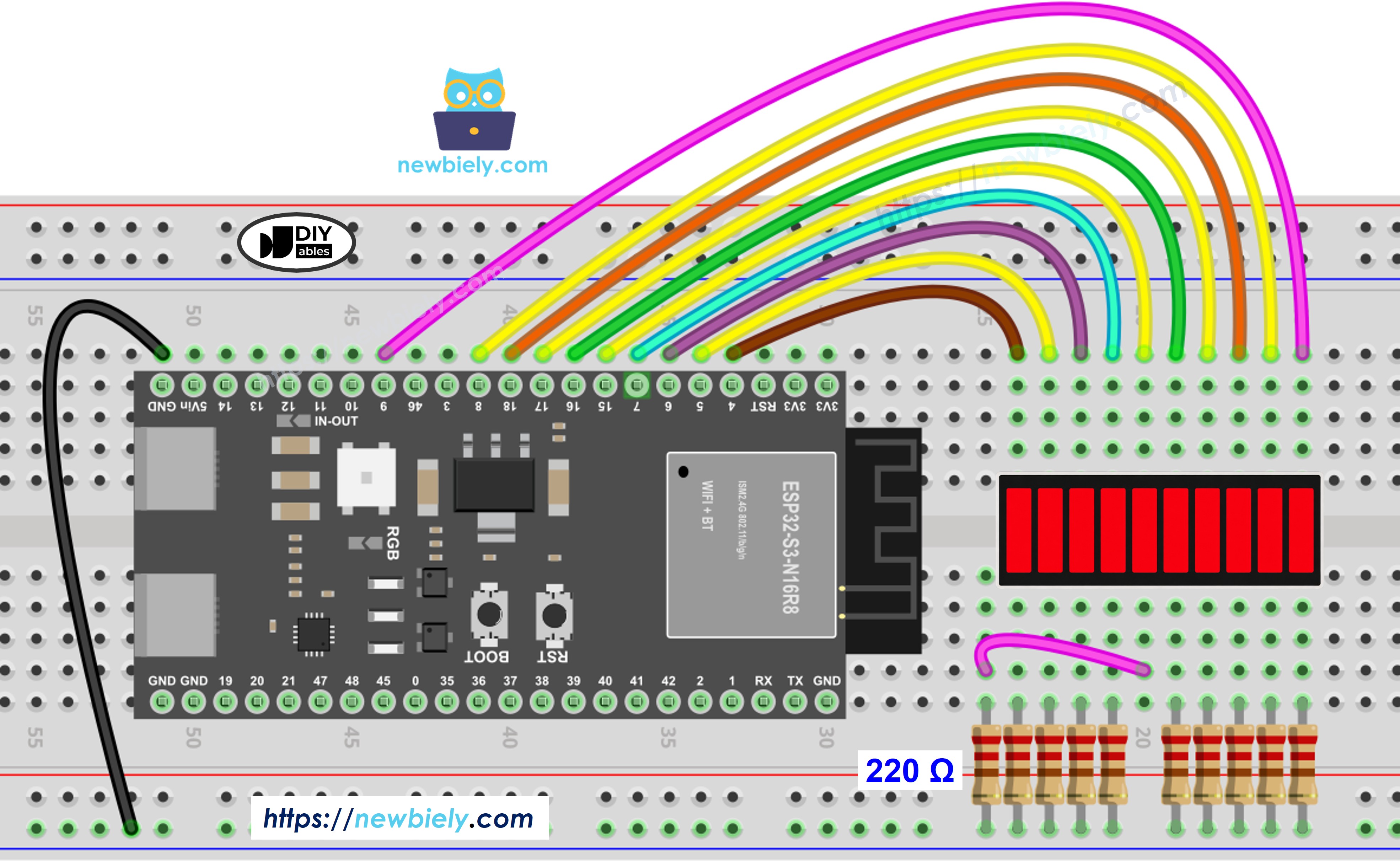 ESP32 S3 und 10-Segment-LED-Balkenanzeige Schaltplan