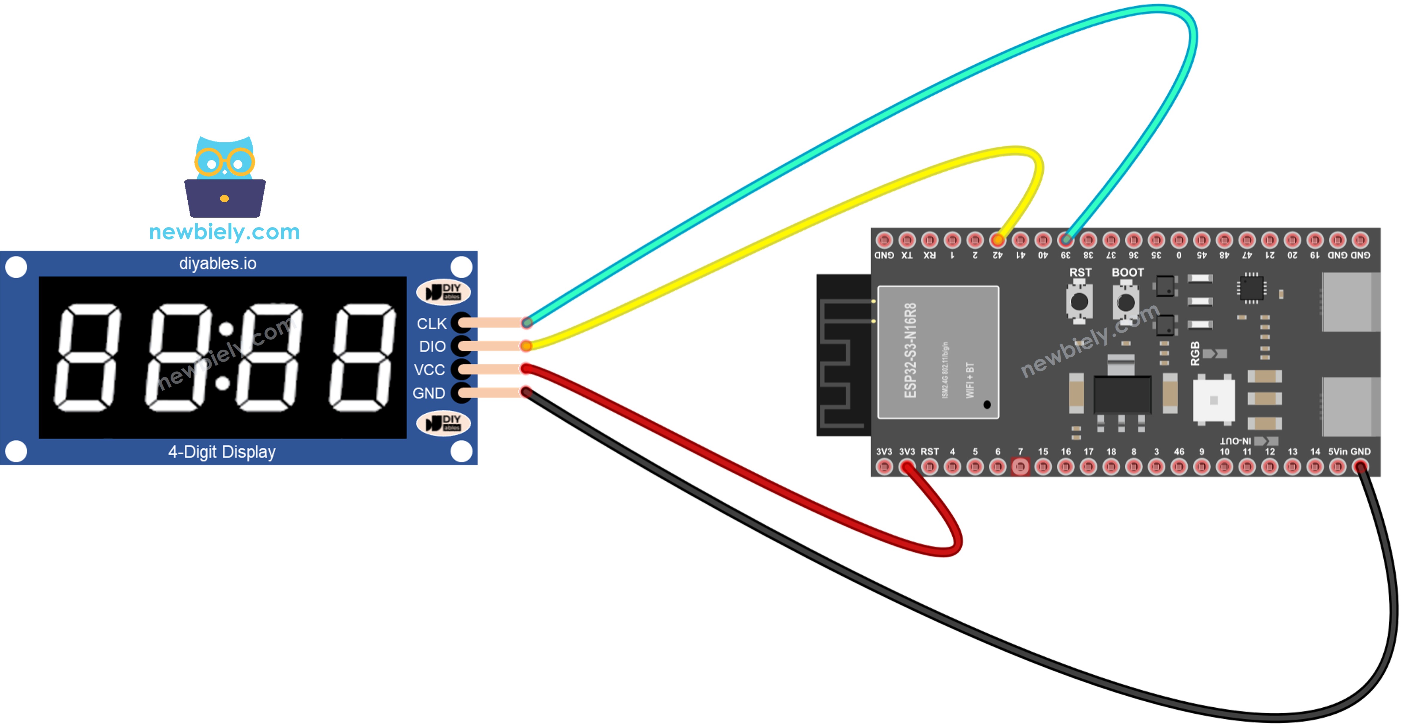 Verdrahtungsplan ESP32 S3 TM1637 4-stellige 7-Segment-Anzeige