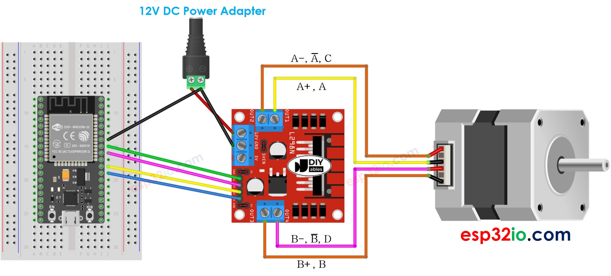 ESP32-Schrittmotor-L298N-Treiber-Verdrahtungsdiagramm