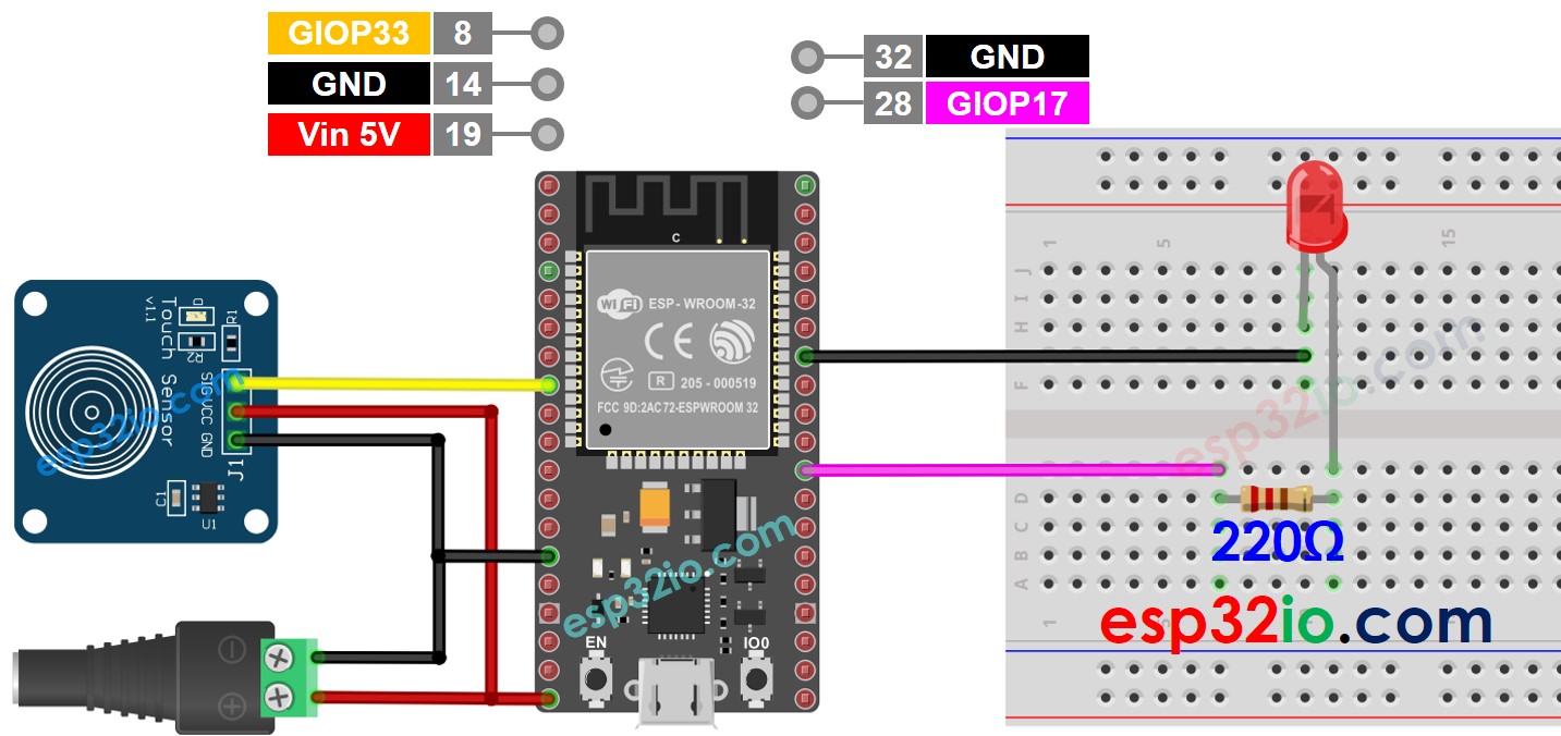 ESP32-Berührungssensor LED-Verdrahtungsdiagramm 5-V-Stromquelle
