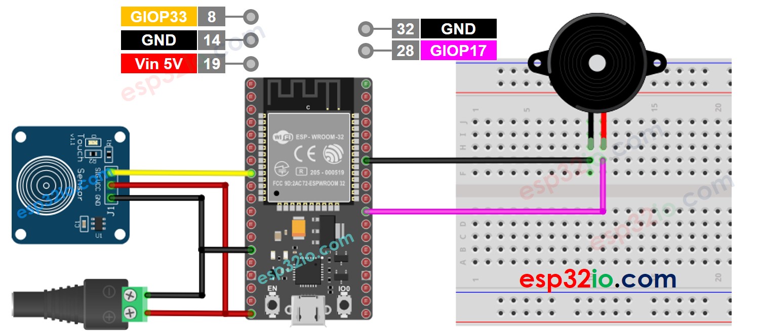 ESP32-Berührungssensor Piezo-Buzzer Verdrahtungsdiagramm 5-V-Stromversorgung