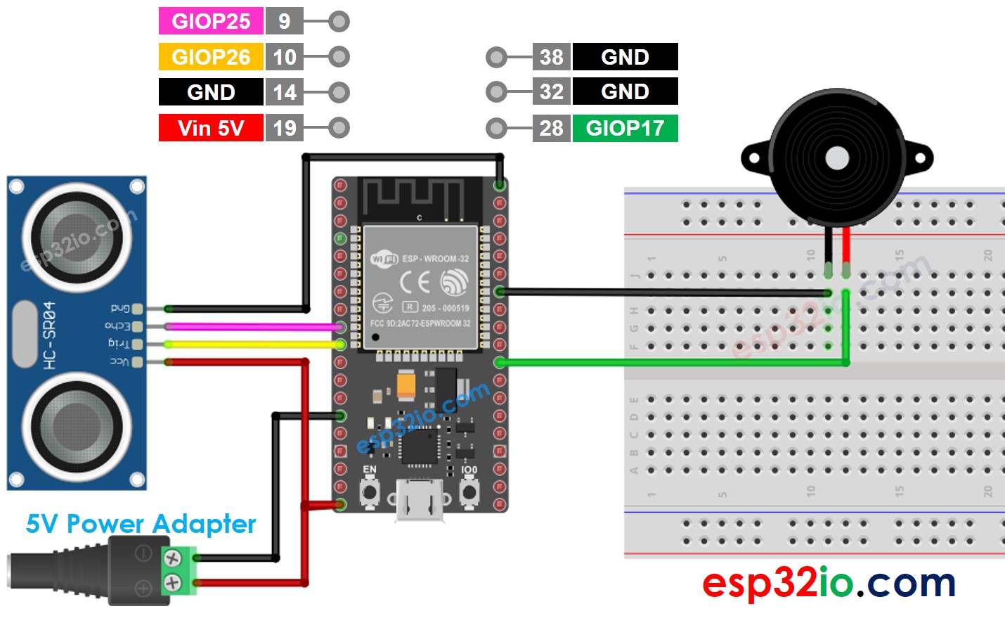 ESP32 Ultraschallsensor Piezo-Lautsprecher Verdrahtungsdiagramm 5V-Netzadapter