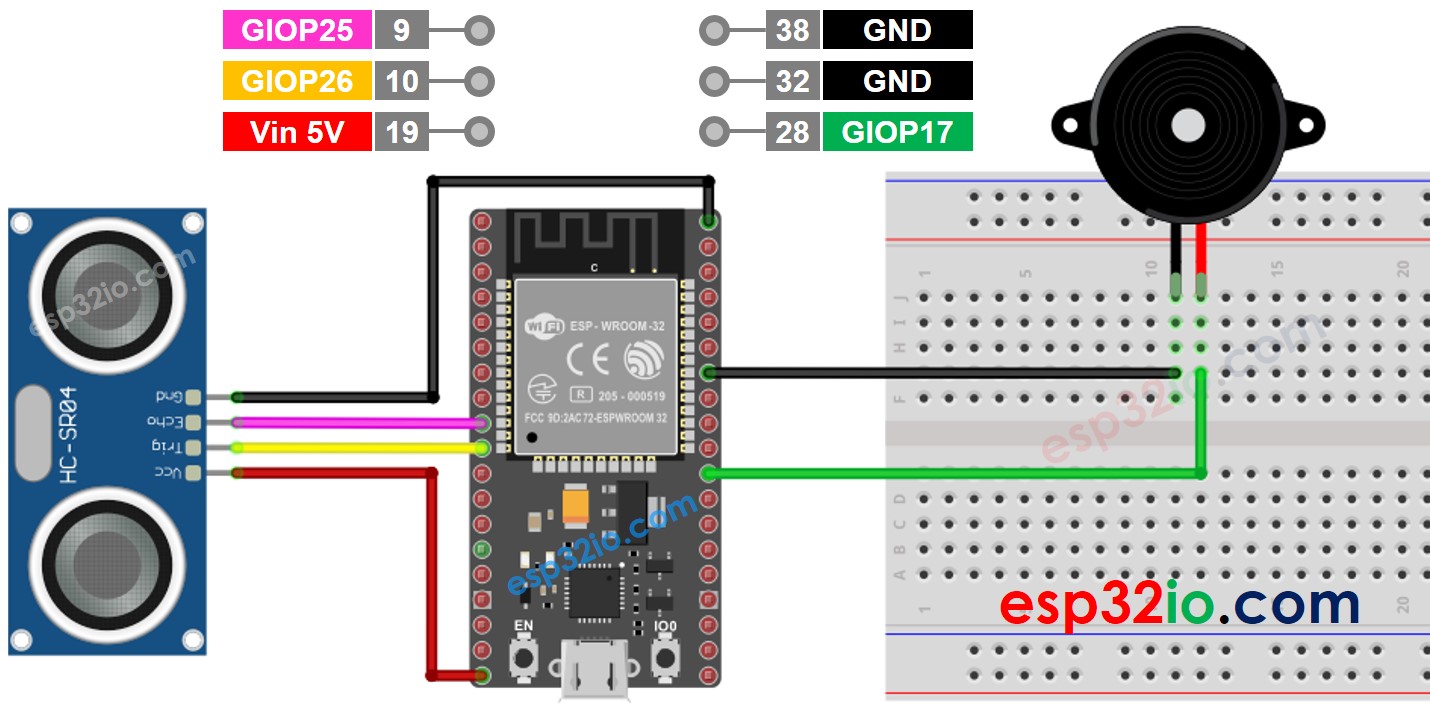 ESP32 Ultraschallsensor Piezo-Buzzer Verdrahtungsdiagramm